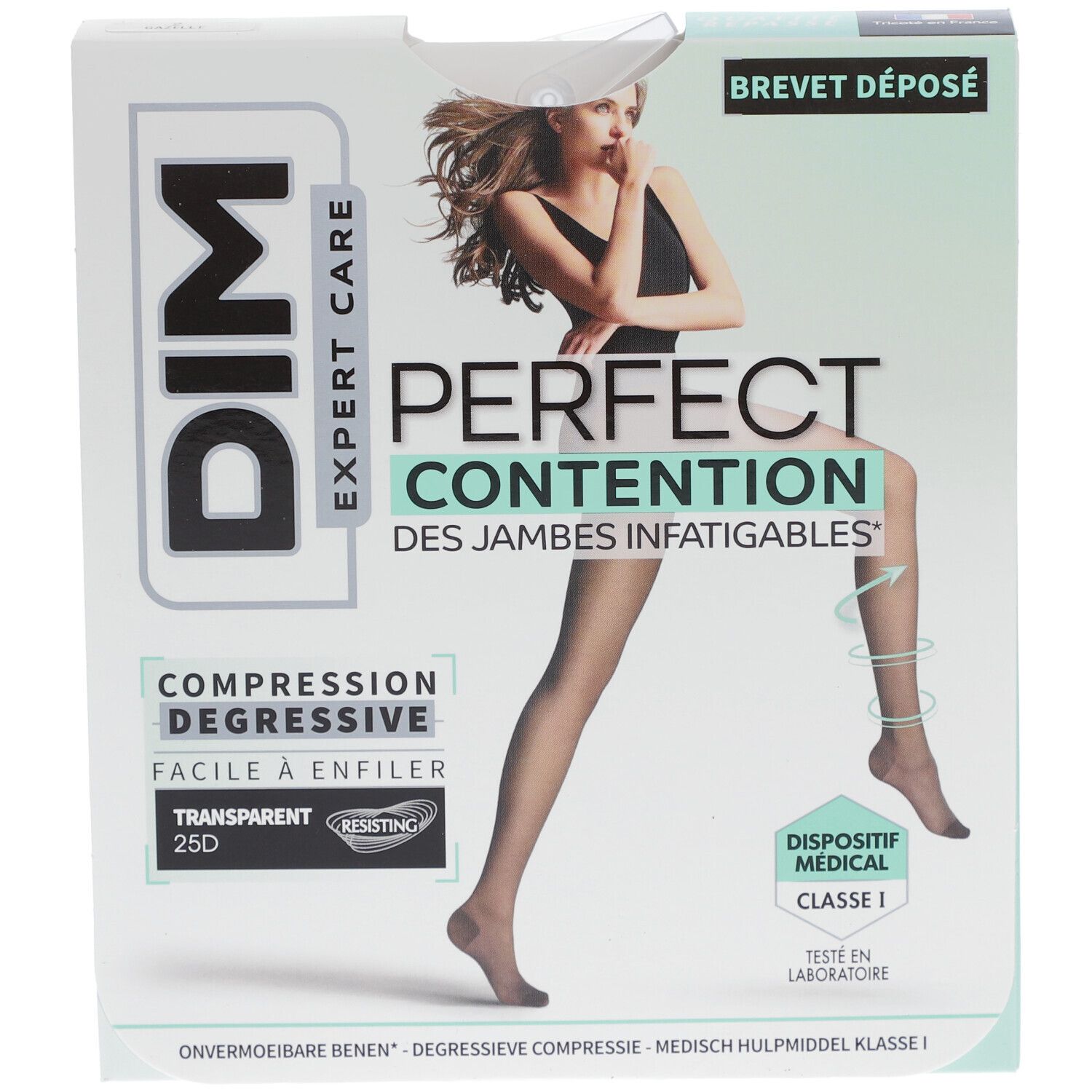 Boîte de DIM COLL PERFECT Transpirant GAZELLE T2. Inscriptions: DIM, EXPERT CARE, PERFECT CONTENTION, bas de compression transparents, classe médicale 1.