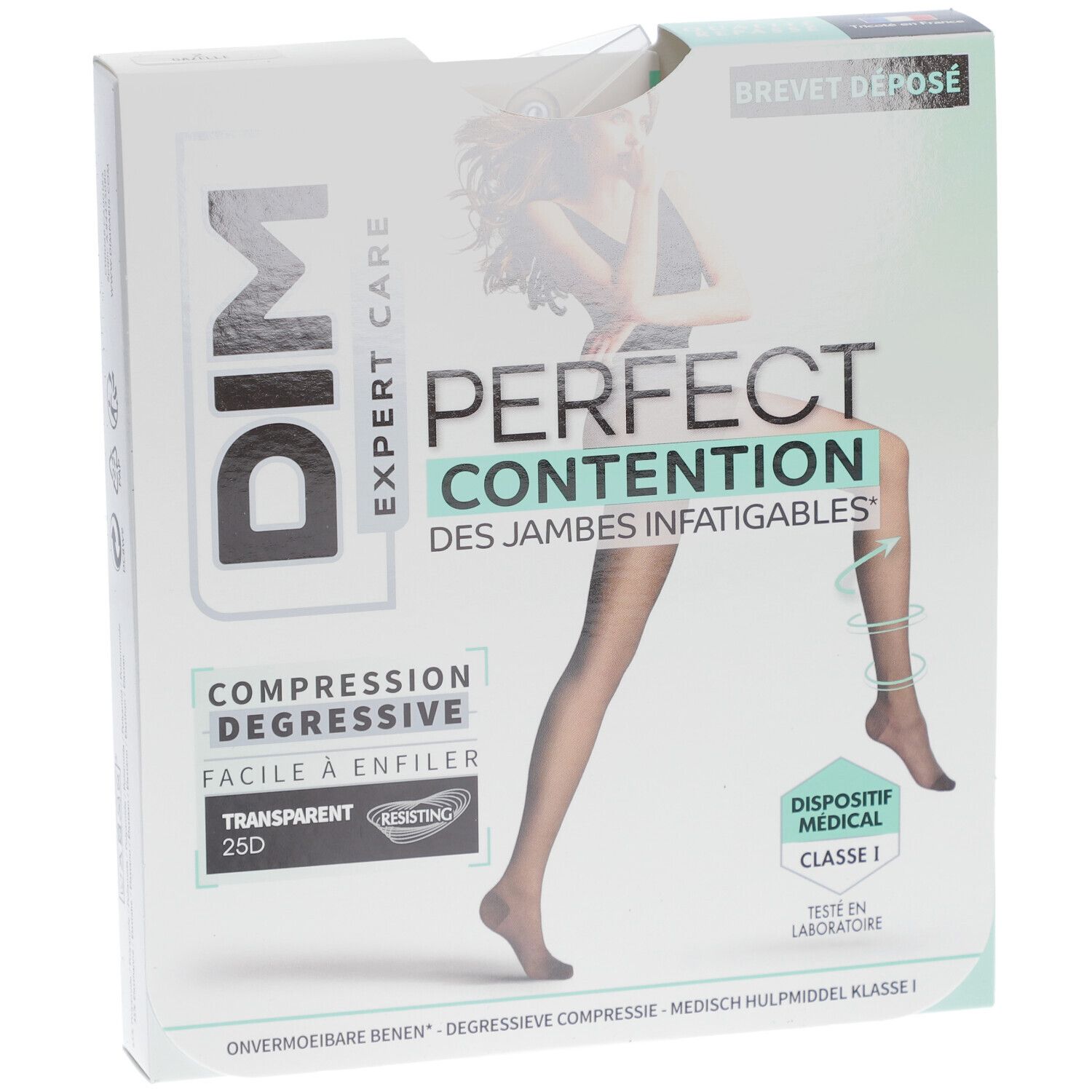 Boîte de DIM COLL PERFECT Transpirant GAZELLE T2. Inscriptions: DIM, EXPERT CARE, PERFECT CONTENTION, bas de compression transparents, classe médicale 1.