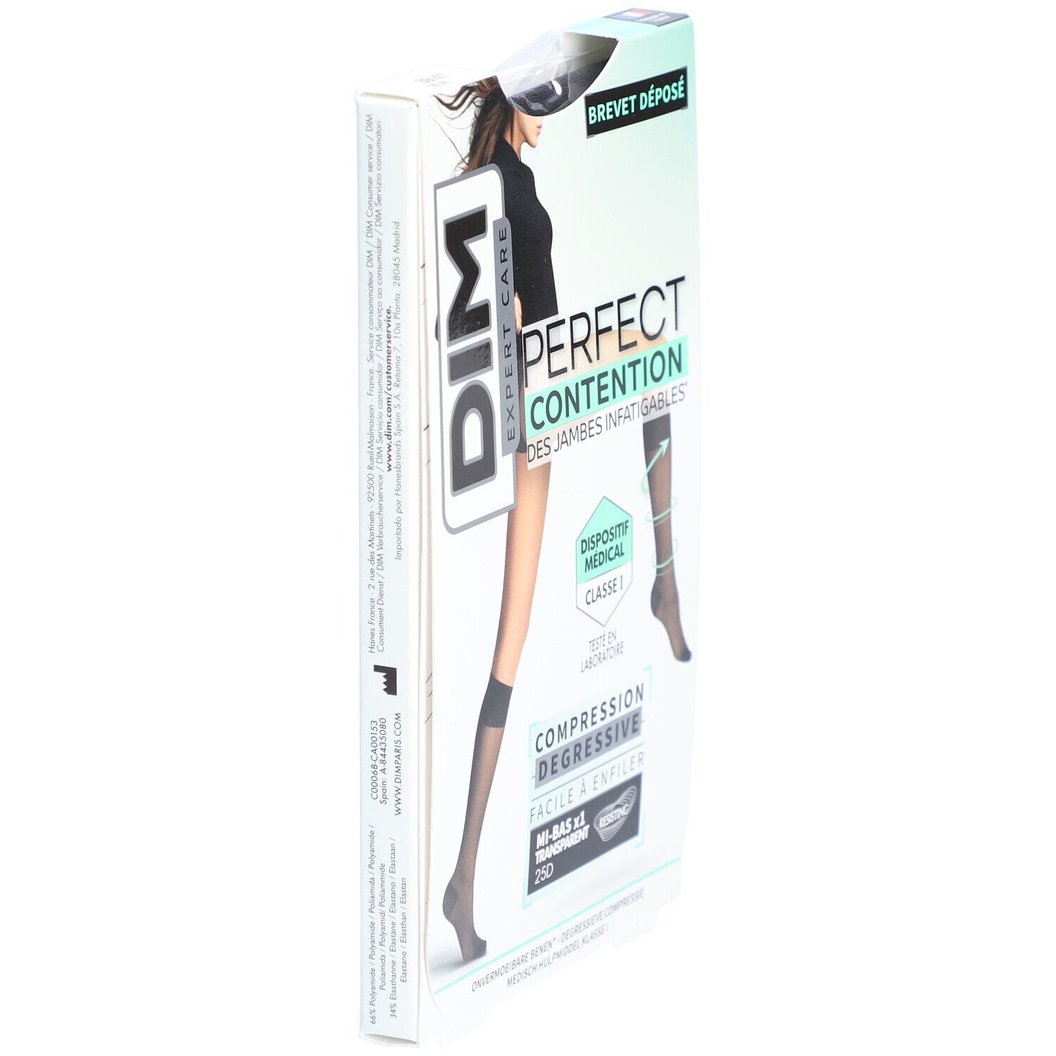 Boîte de bas de contention DIM PERFECT CONTENTION. Bas noirs, classe médicale 1, transparents. Vue latérale.
