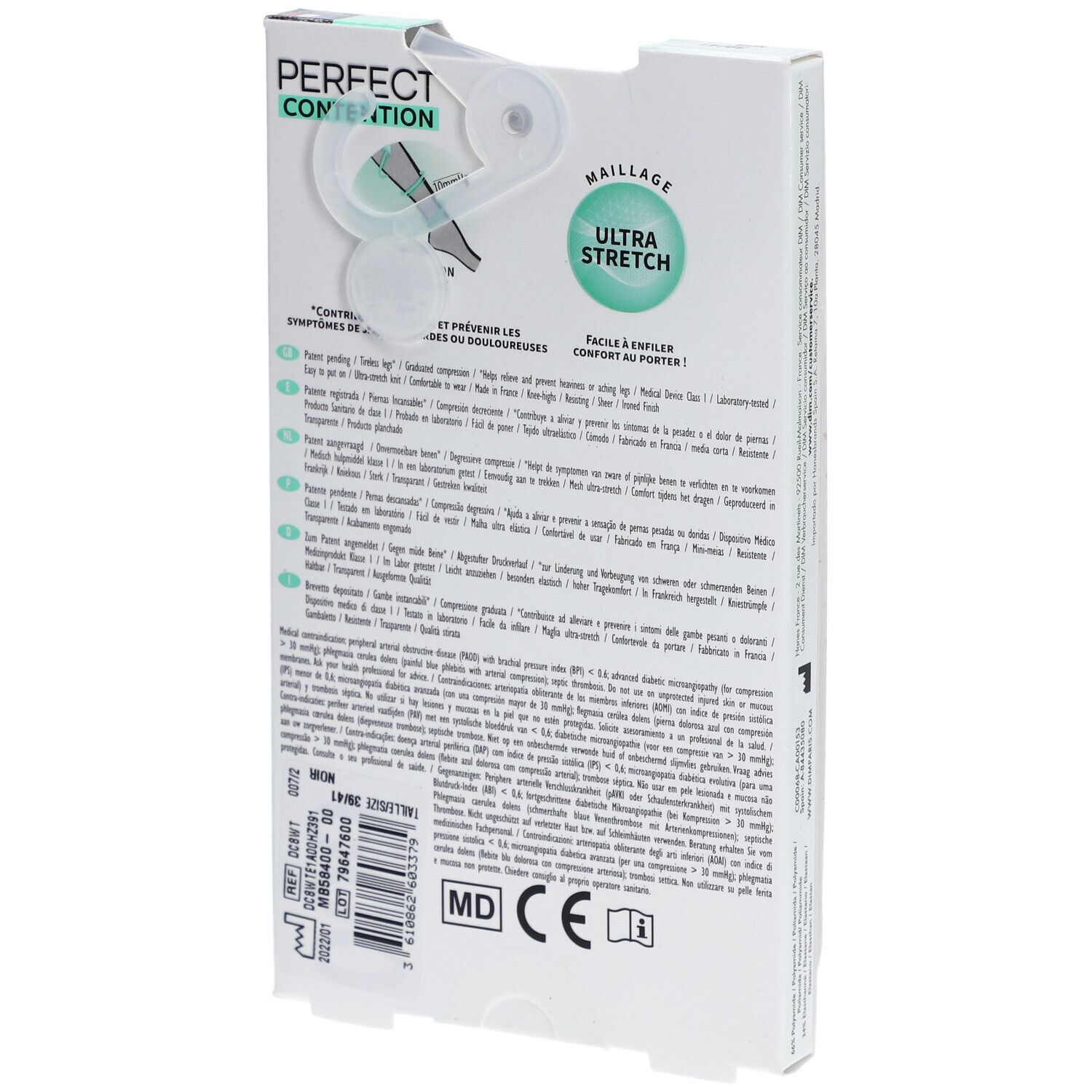 Dos de la boîte DIM PERFECT CONTENTION. Informations sur les bas de contention, y compris la pression.