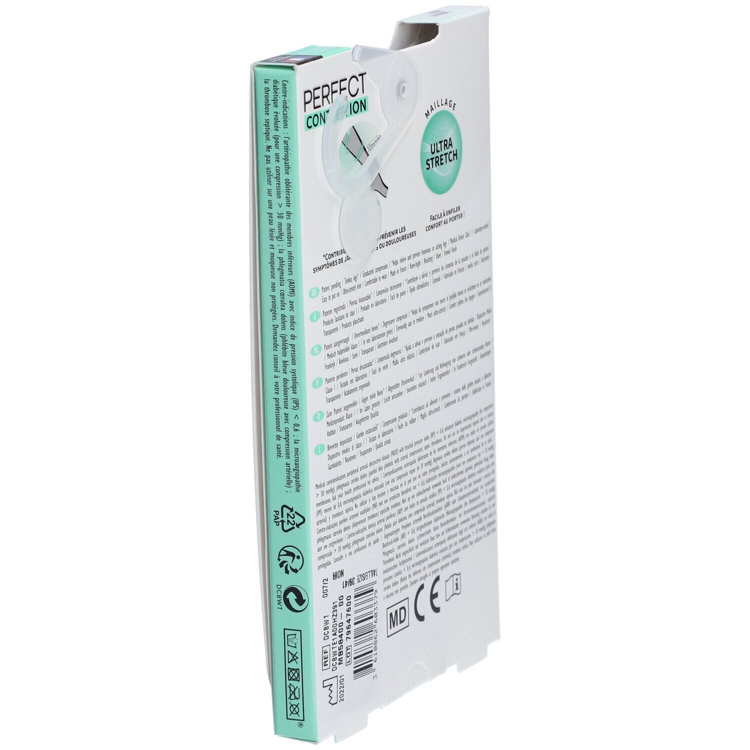 Vue latérale de la boîte DIM PERFECT CONTENTION. Informations sur les bas de contention, y compris la pression.