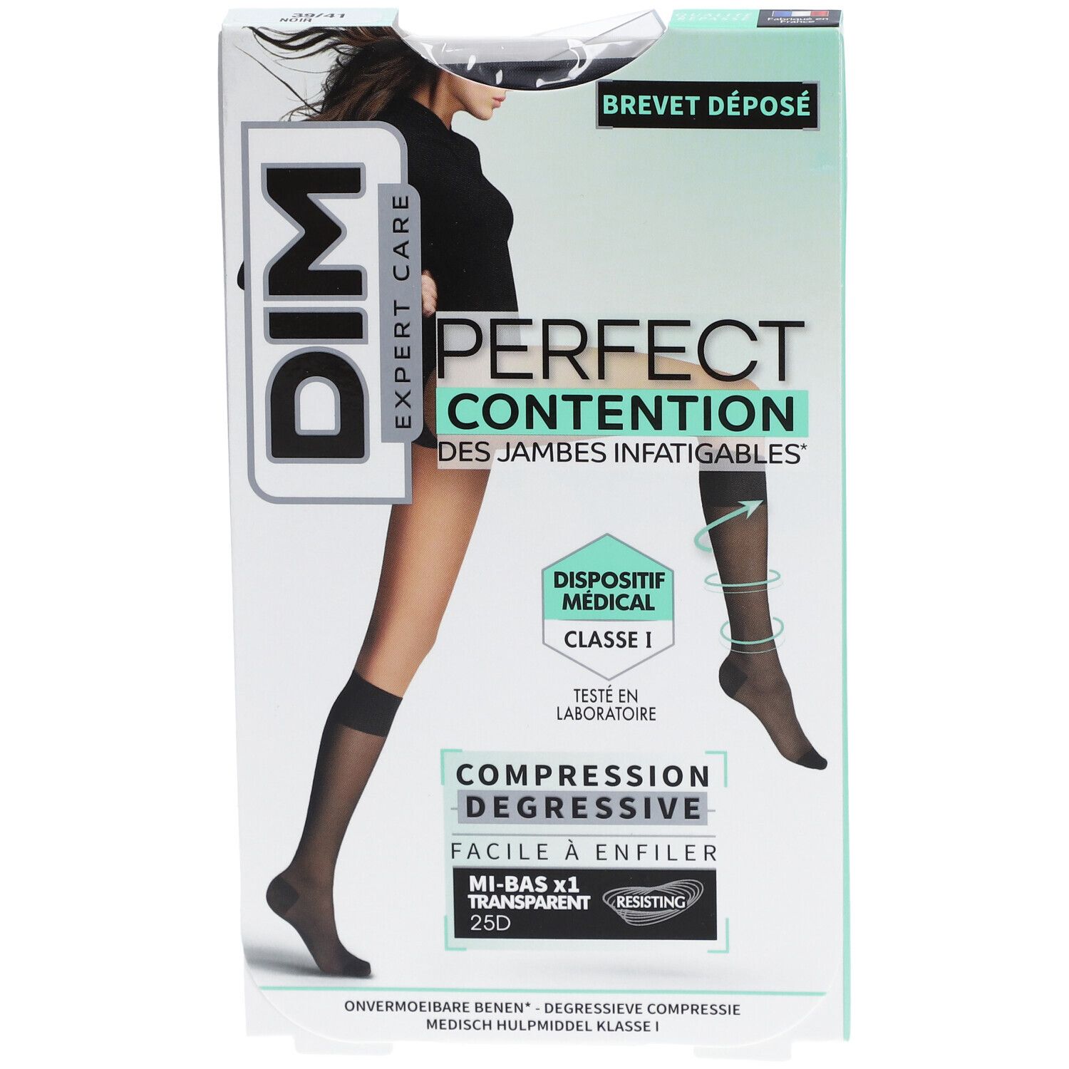 Boîte de bas de contention DIM PERFECT CONTENTION. Bas noirs, classe médicale 1, transparents. Facile à enfiler.