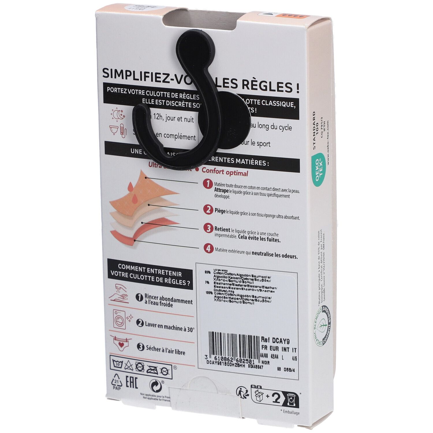 DIM Protect Culotte de règles Lavable - Slip - Coton bio - Flux Abondant - 44/46