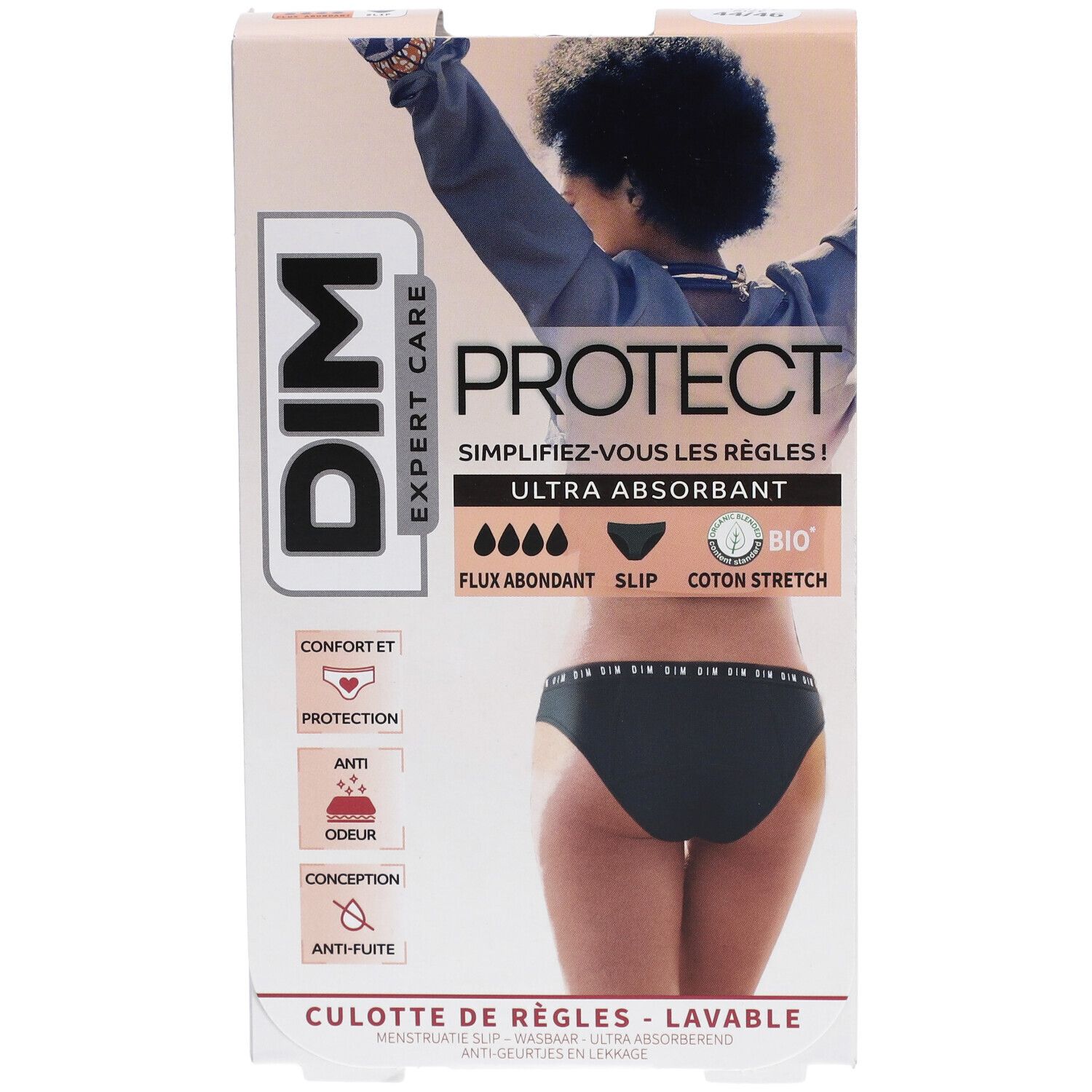 DIM Protect Culotte de règles Lavable - Slip - Coton bio - Flux Abondant - 44/46