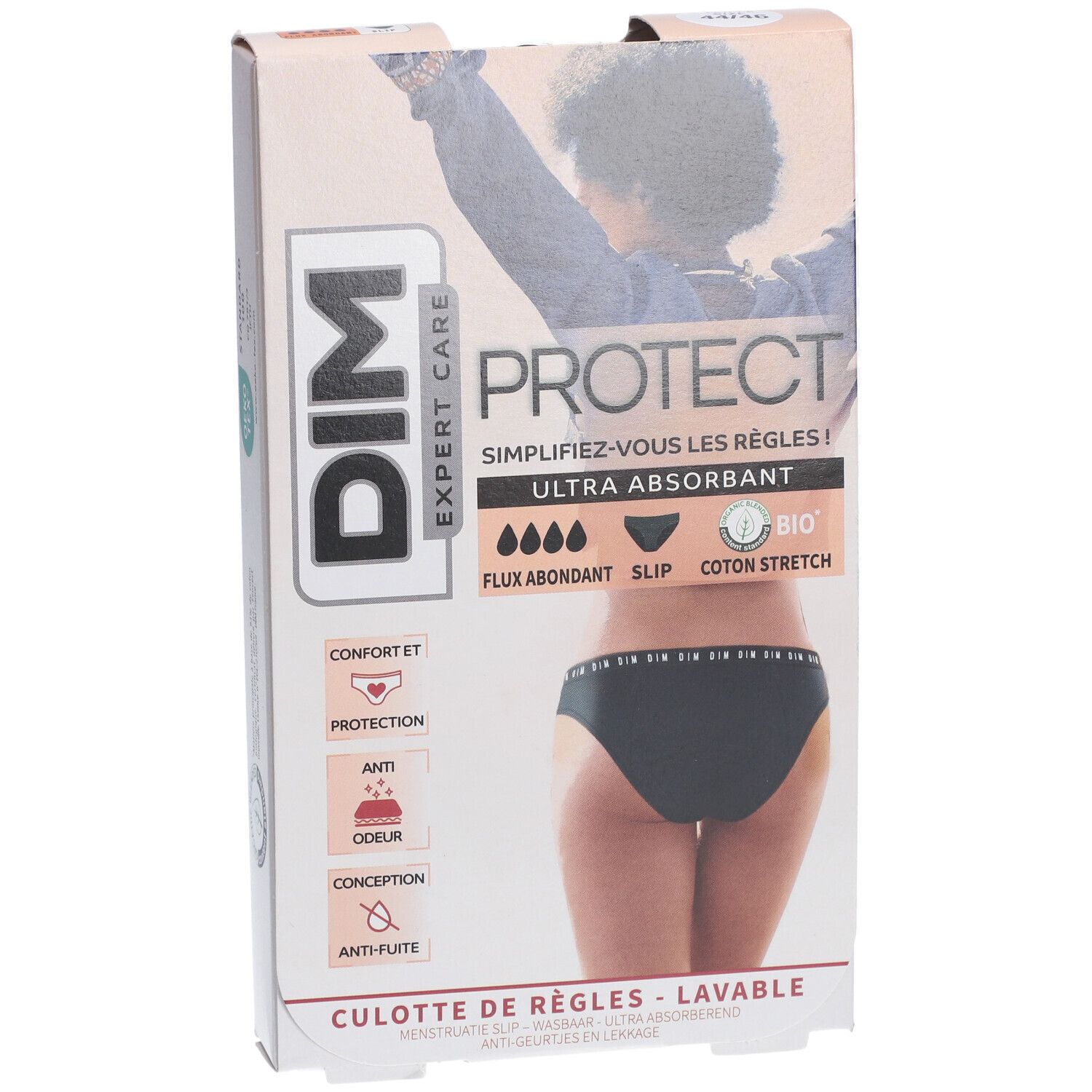 DIM Protect Culotte de règles Lavable - Slip - Coton bio - Flux Abondant - 44/46