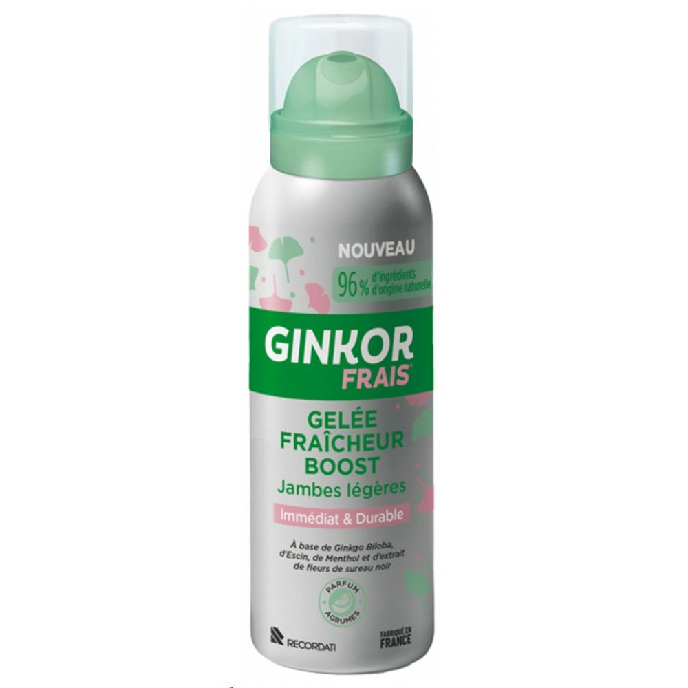 Flacon spray argenté, bouchon vert. Inscription: Ginkor Frais Gelée Fraîcheur Boost. 96% ingrédients d'origine naturelle.