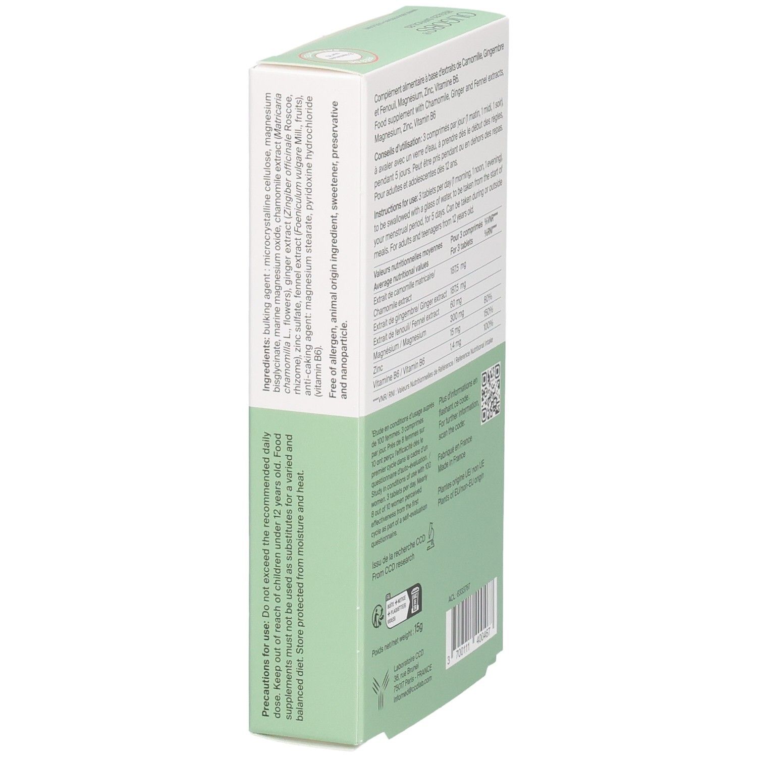 Vue latérale de la boîte OLIGOBS REGLES DIFFICILES avec liste d'ingrédients et précautions.