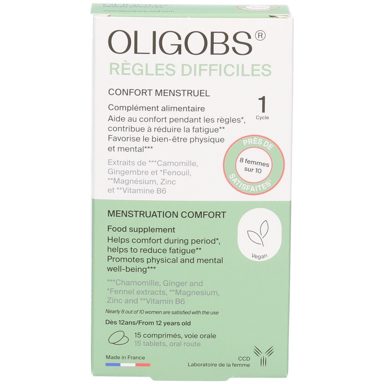 Avant de la boîte OLIGOBS REGLES DIFFICILES, 1 cycle, 15 comprimés, avec sceau '8 femmes sur 10 satisfaites'.