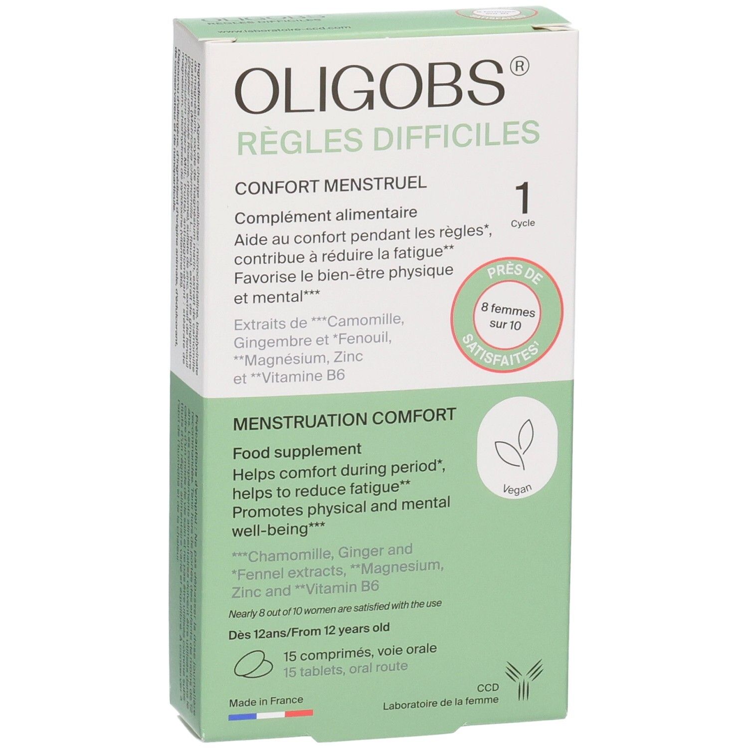 Avant de la boîte OLIGOBS REGLES DIFFICILES, 1 cycle, 15 comprimés, avec sceau '8 femmes sur 10 satisfaites'.