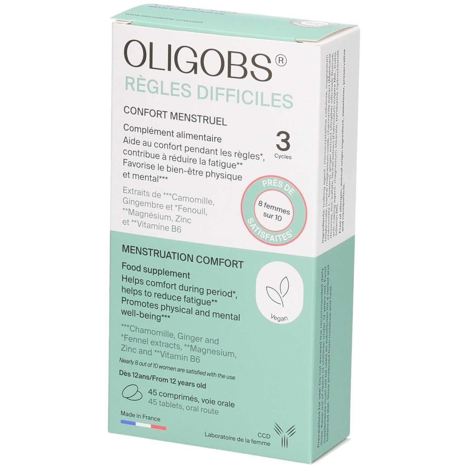 Boîte OLIGOBS REGLES DIFFICILES, 3 cycles, 45 comprimés. Contient camomille, gingembre, fenouil, magnésium, zinc, vitamine B6.