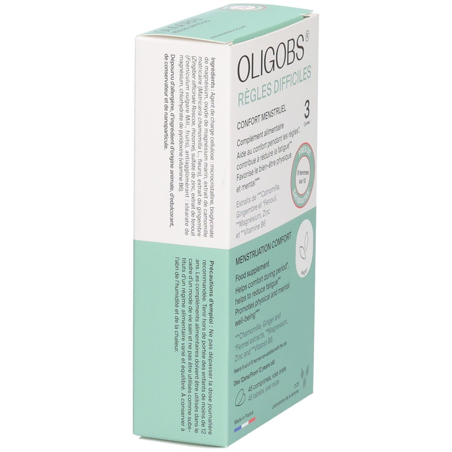 Vue latérale de la boîte OLIGOBS REGLES DIFFICILES avec liste des ingrédients et conseils d'utilisation.