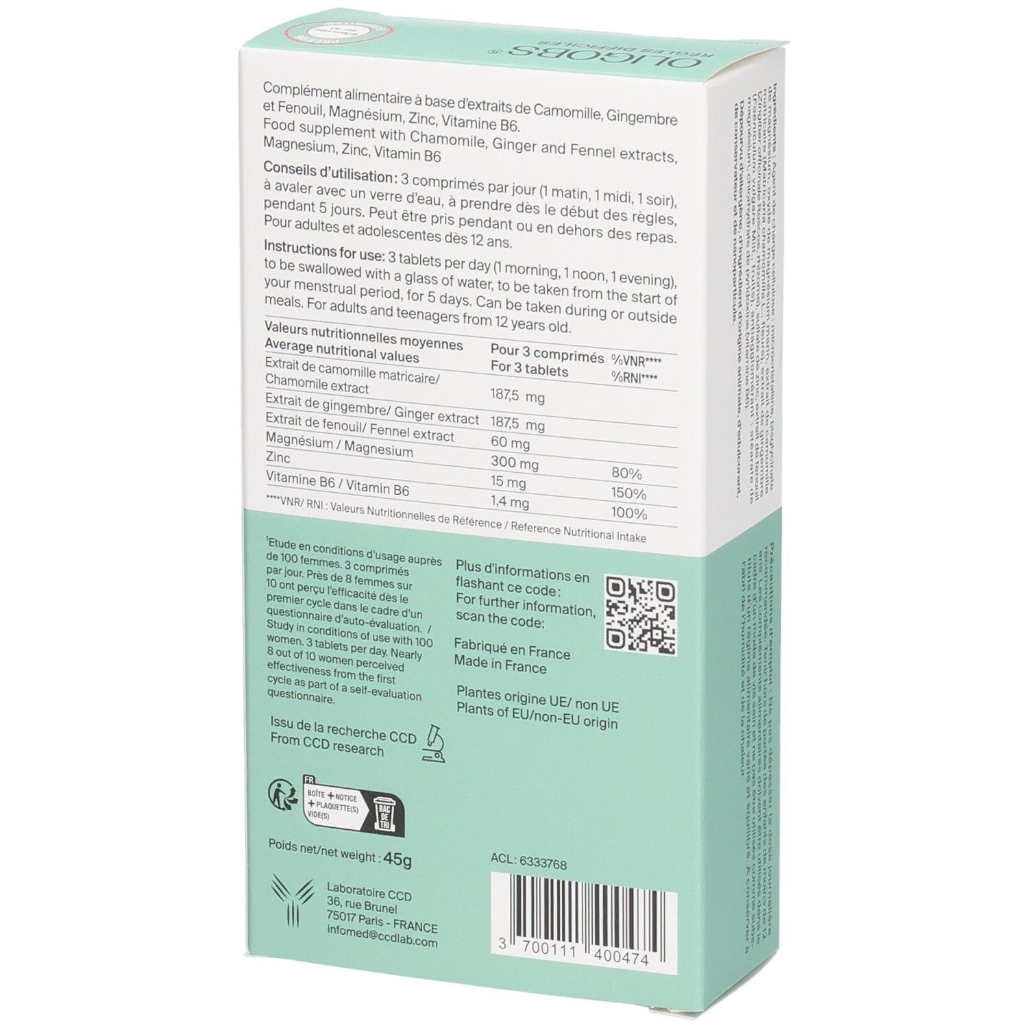Arrière de la boîte OLIGOBS REGLES DIFFICILES avec informations nutritionnelles, origine et QR code.