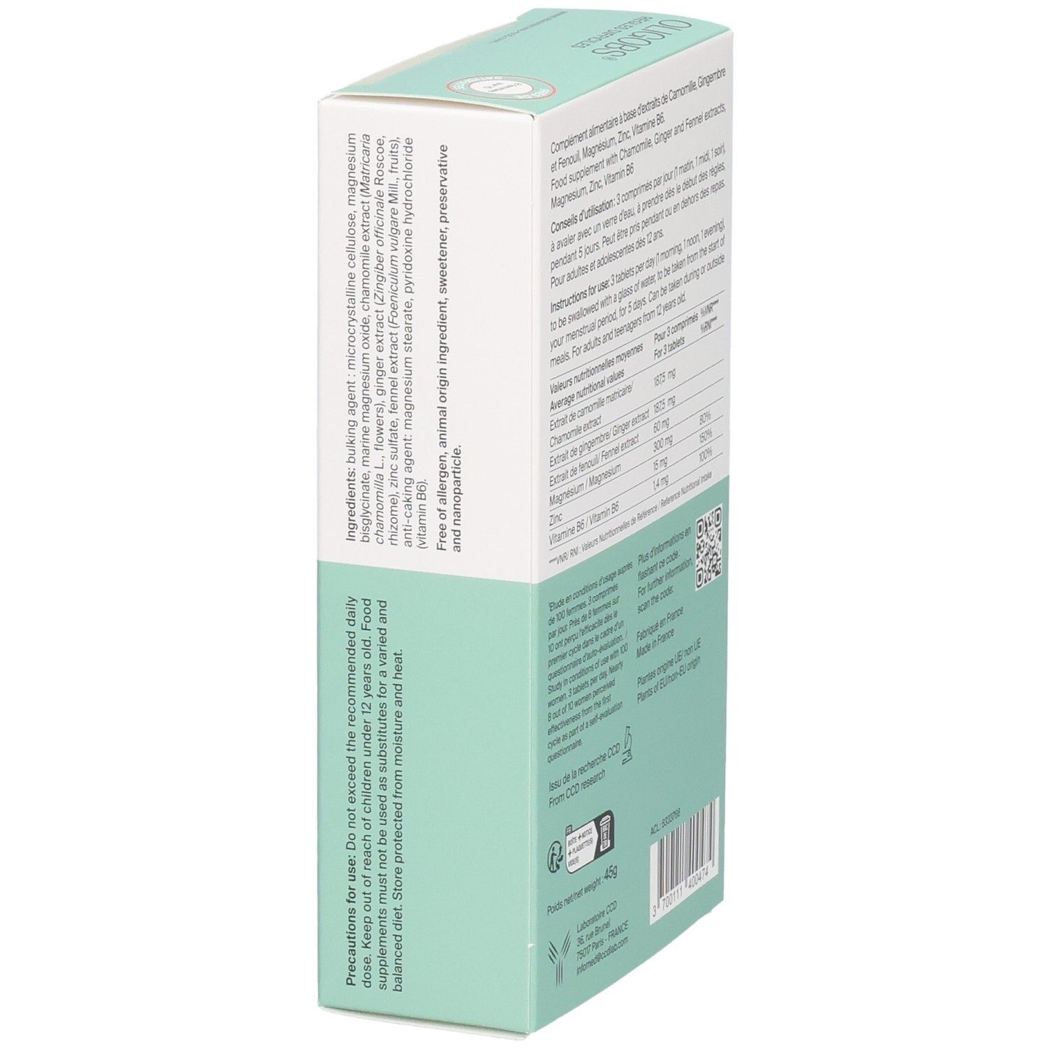 Vue latérale de la boîte OLIGOBS REGLES DIFFICILES avec avertissements et liste des ingrédients.