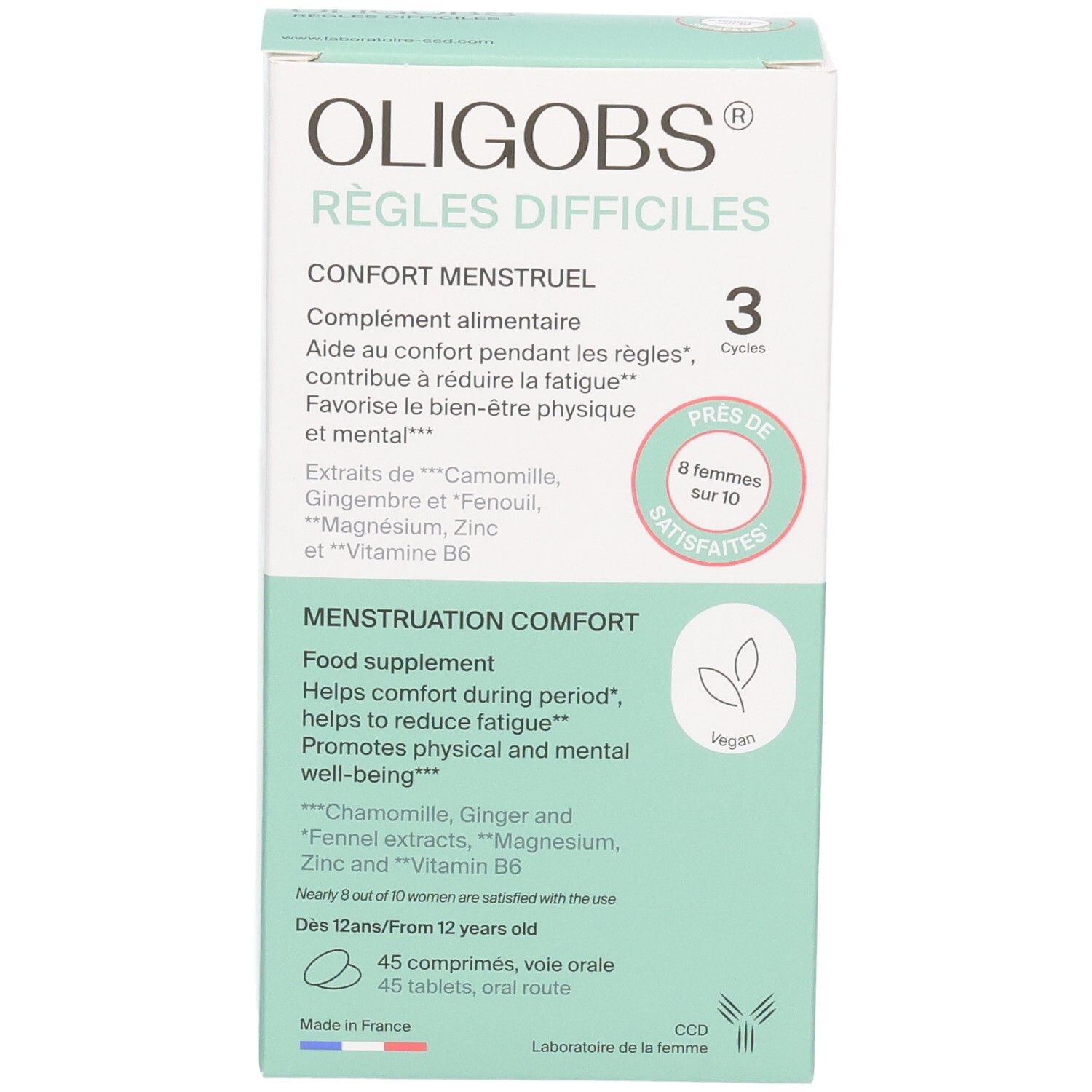 Face avant boîte OLIGOBS REGLES DIFFICILES, 3 cycles, 45 comprimés, vegan, avec camomille, gingembre, fenouil.