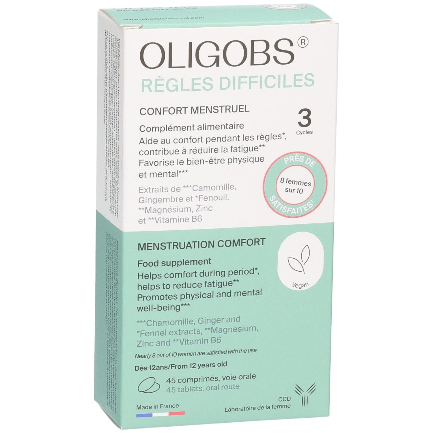 Face avant boîte OLIGOBS REGLES DIFFICILES, 3 cycles, 45 comprimés, vegan, avec camomille, gingembre, fenouil.