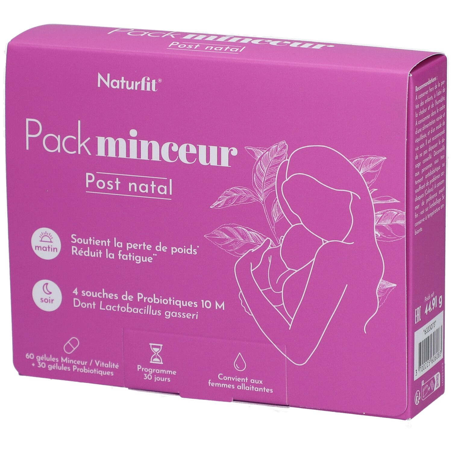 Boîte lilas. Texte: Naturfit, Pack minceur Post natal. Contient 60 gélules et 30 probiotiques. Convient aux femmes allaitantes.