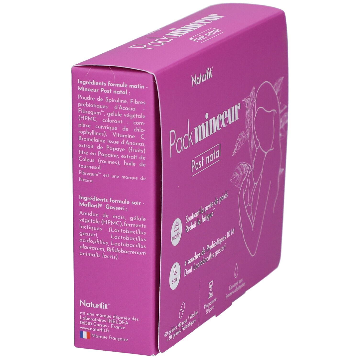 Vue latérale de la boîte. Texte: Naturfit, Pack minceur Post natal. Ingrédients, dosage. Pour 30 jours. Convient aux femmes allaitantes.