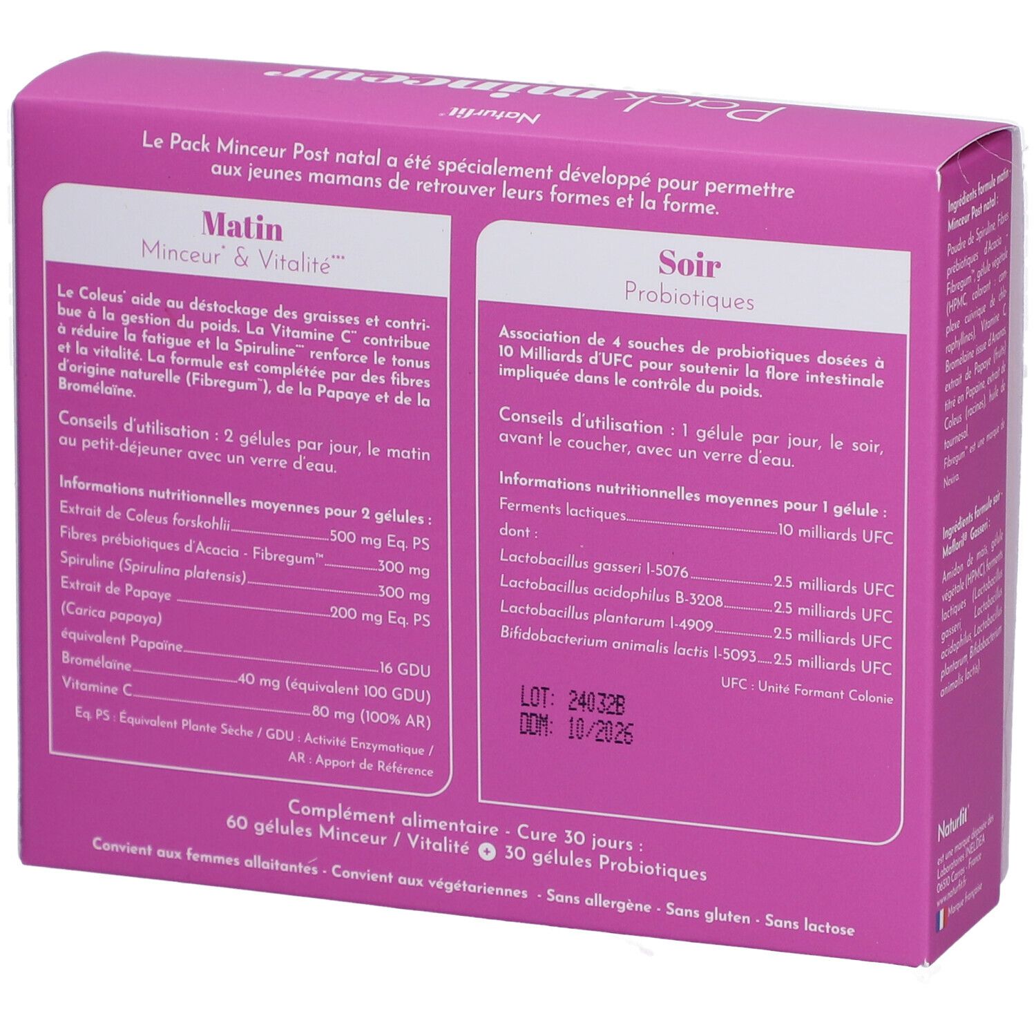 Intérieur de la boîte. Informations sur les ingrédients et le dosage. Contient 60 gélules et 30 probiotiques. Pour 30 jours.