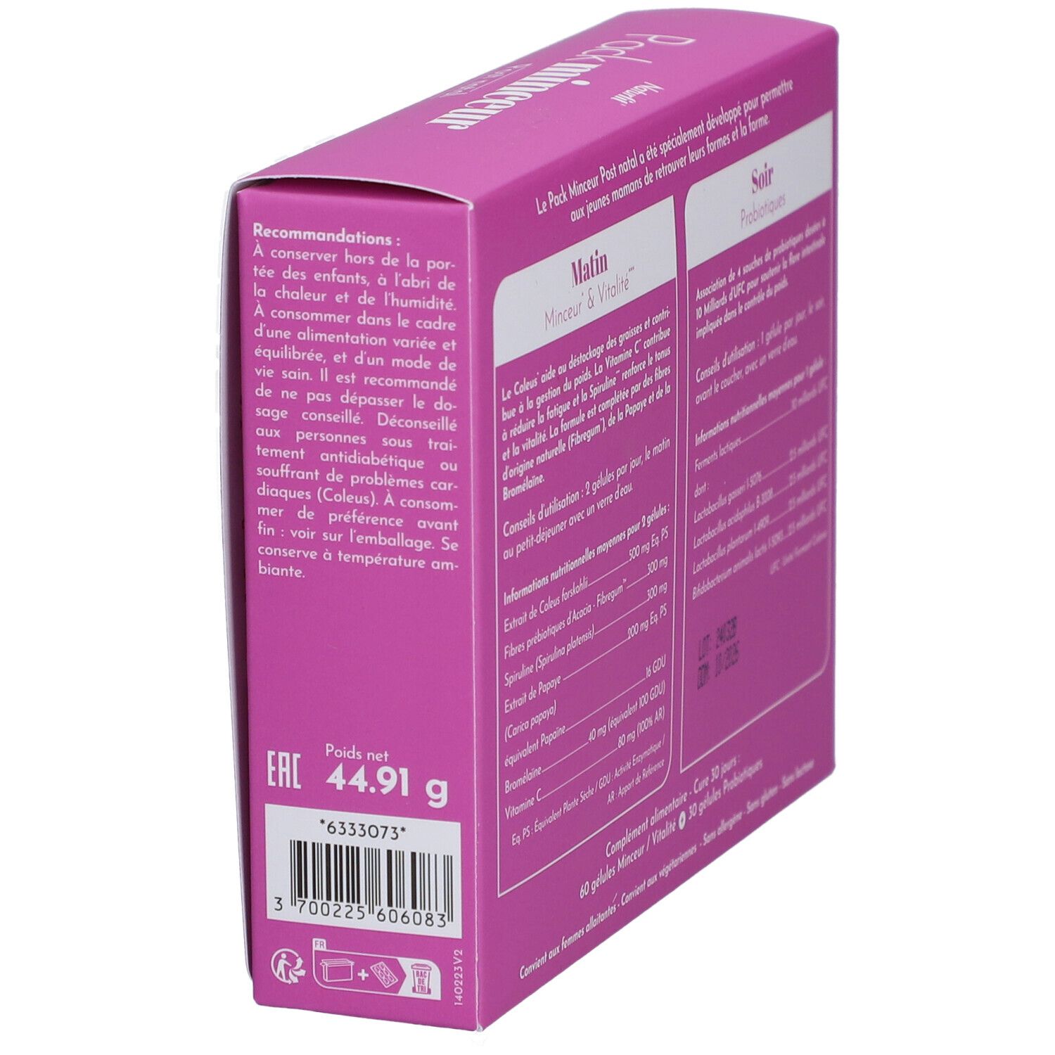 Vue latérale de la boîte. Texte: Naturfit, Pack minceur Post natal. Ingrédients, dosage. Pour 30 jours. Convient aux femmes allaitantes.