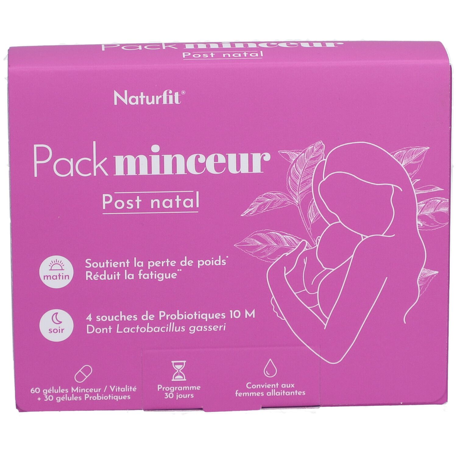 Boîte lilas. Texte: Naturfit, Pack minceur Post natal. Contient 60 gélules et 30 probiotiques. Convient aux femmes allaitantes.