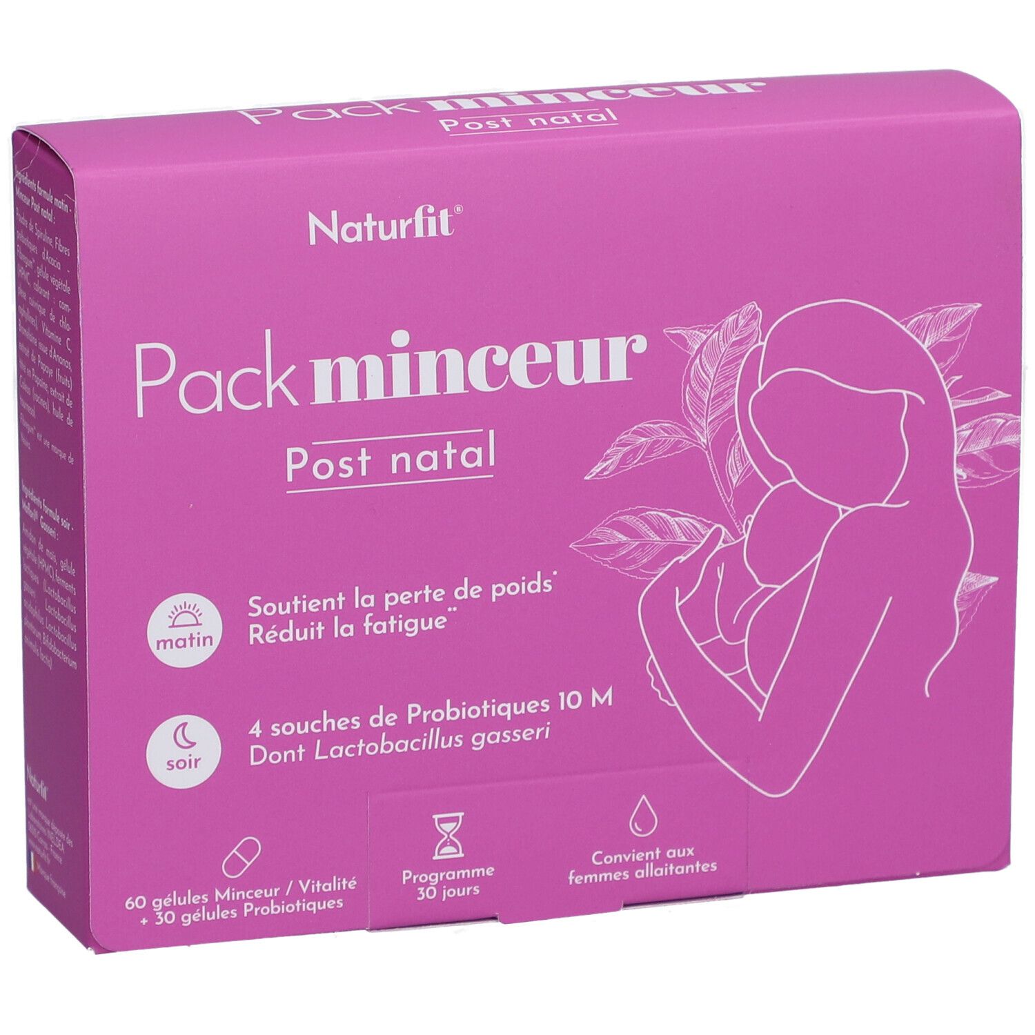 Boîte lilas. Texte: Naturfit, Pack minceur Post natal. Contient 60 gélules et 30 probiotiques. Convient aux femmes allaitantes.