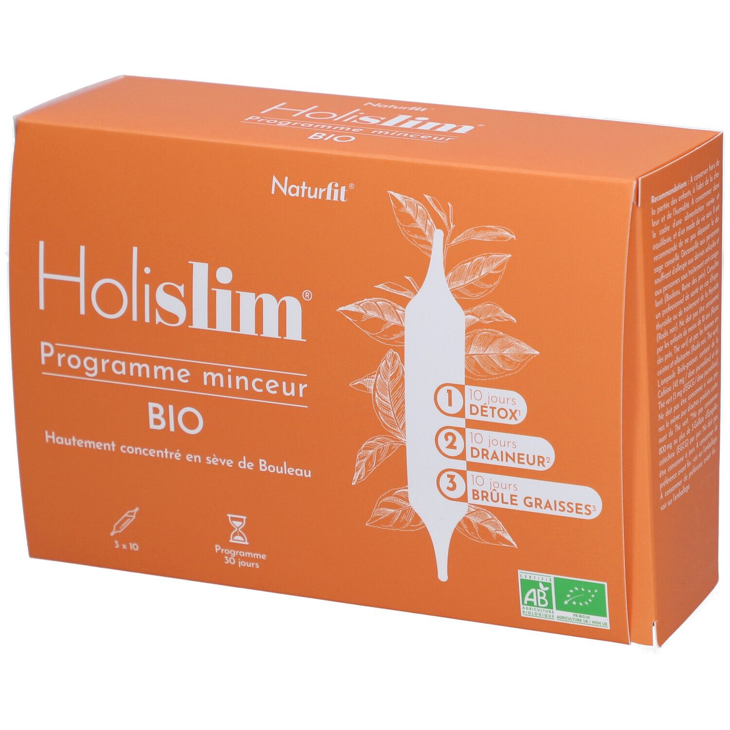 Boîte orange "Holislim Bio". Contient 30 ampoules. Label AB Bio.