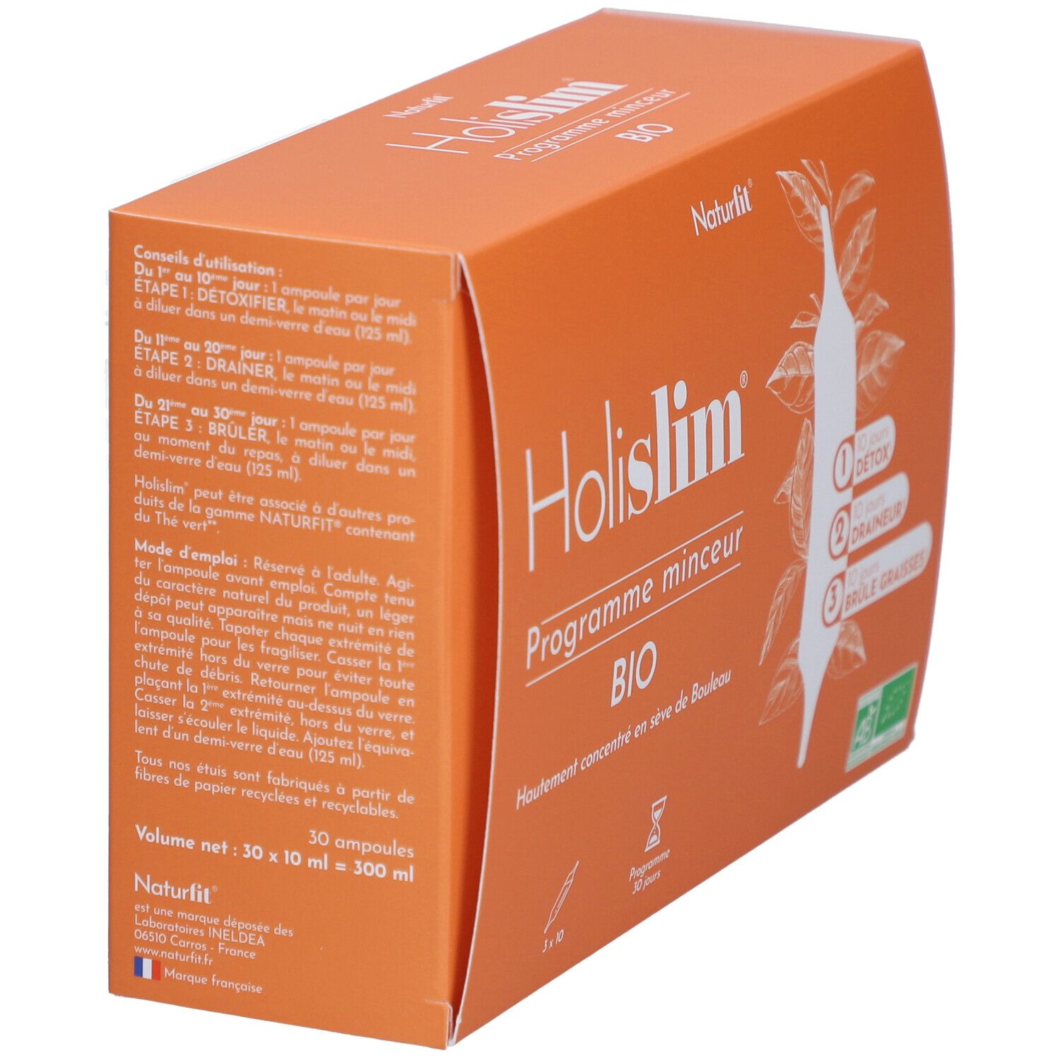Boîte "Holislim Bio" avec informations. Contient 30 ampoules. Label AB Bio.