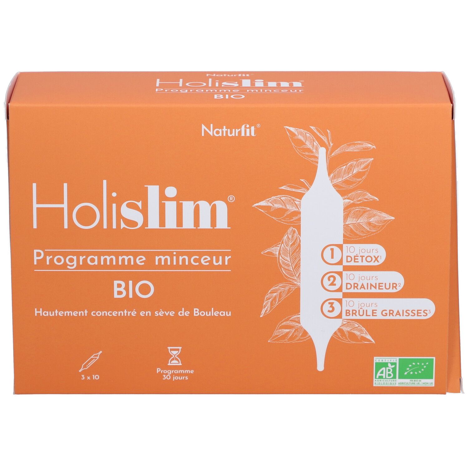 Boîte orange "Holislim Bio". Contient 30 ampoules. Label AB Bio.