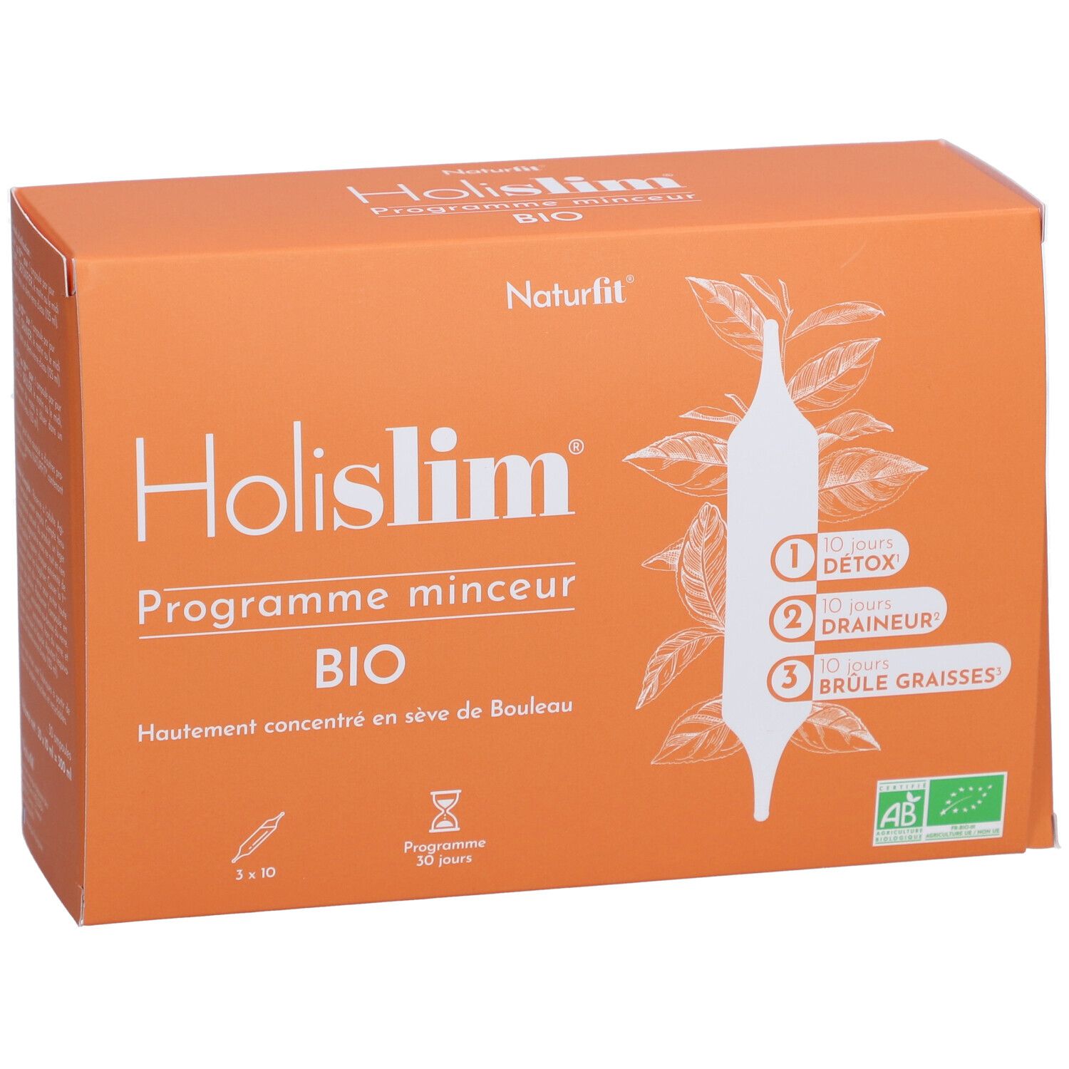 Boîte orange "Holislim Bio". Contient 30 ampoules. Label AB Bio.