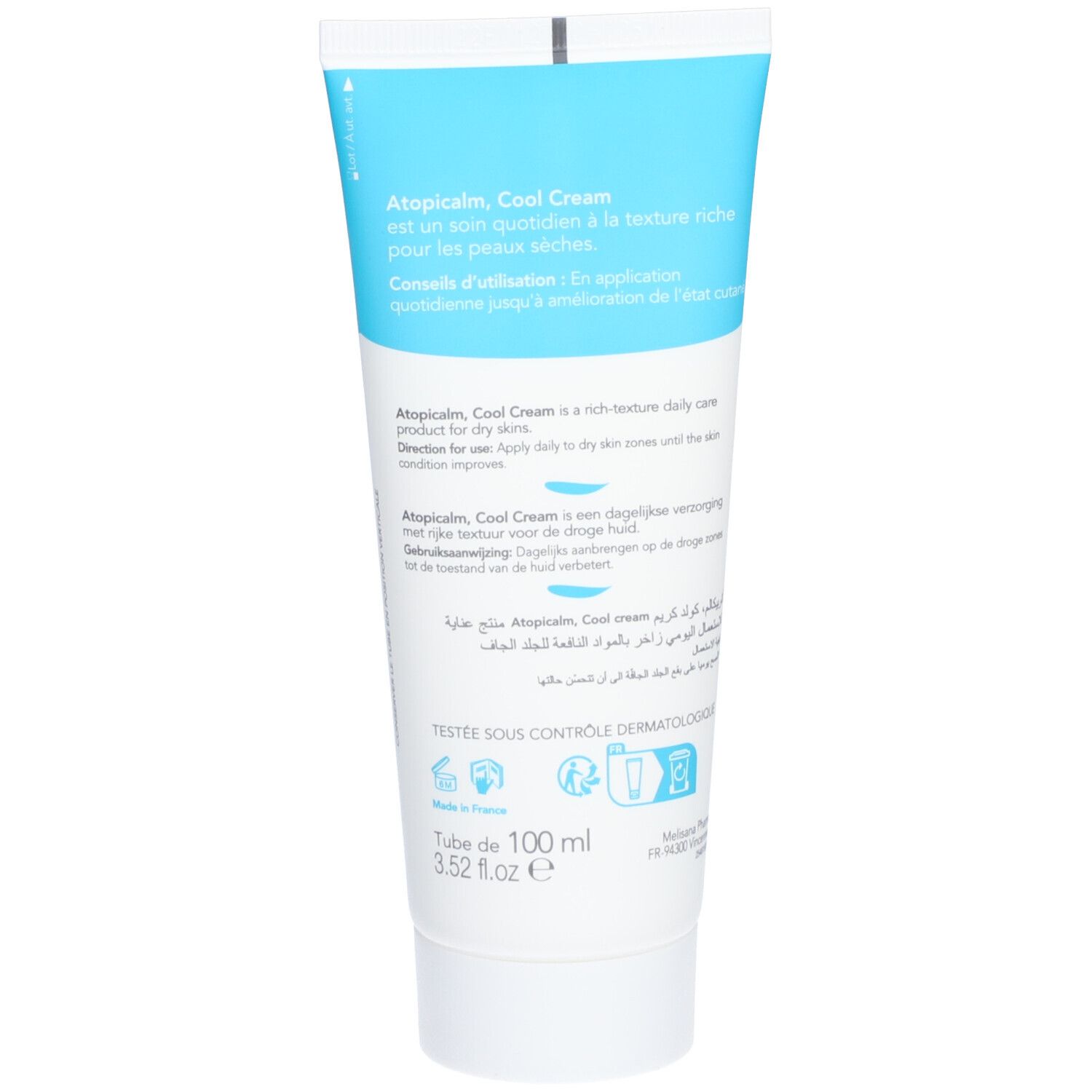 Dos du tube de crème. Texte multilingue. Inscriptions: Atopicalm Cool Cream, 100 ml, 3.52 fl.oz. Testé dermatologiquement.