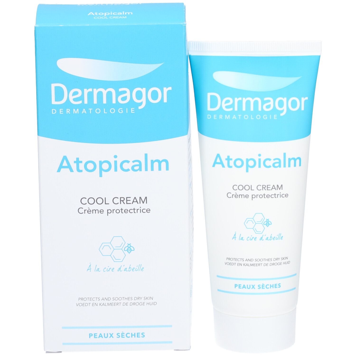 Tube de crème et boîte. Tous deux bleus et blancs. Inscriptions: Dermagor, Atopicalm Cool Cream, Crème protectrice. Symbole en nid d'abeille.