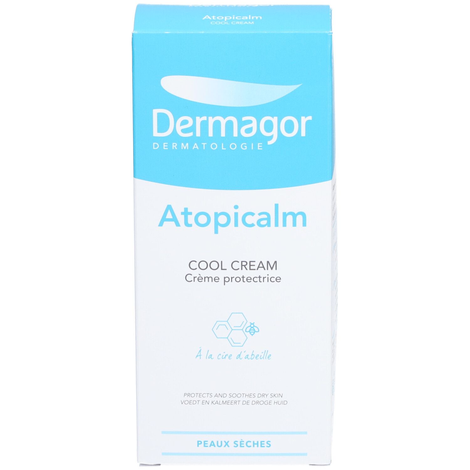 Boîte bleue et blanche. Inscriptions: Dermagor, Atopicalm Cool Cream, Crème protectrice. Symbole en nid d'abeille. Peaux sèches.