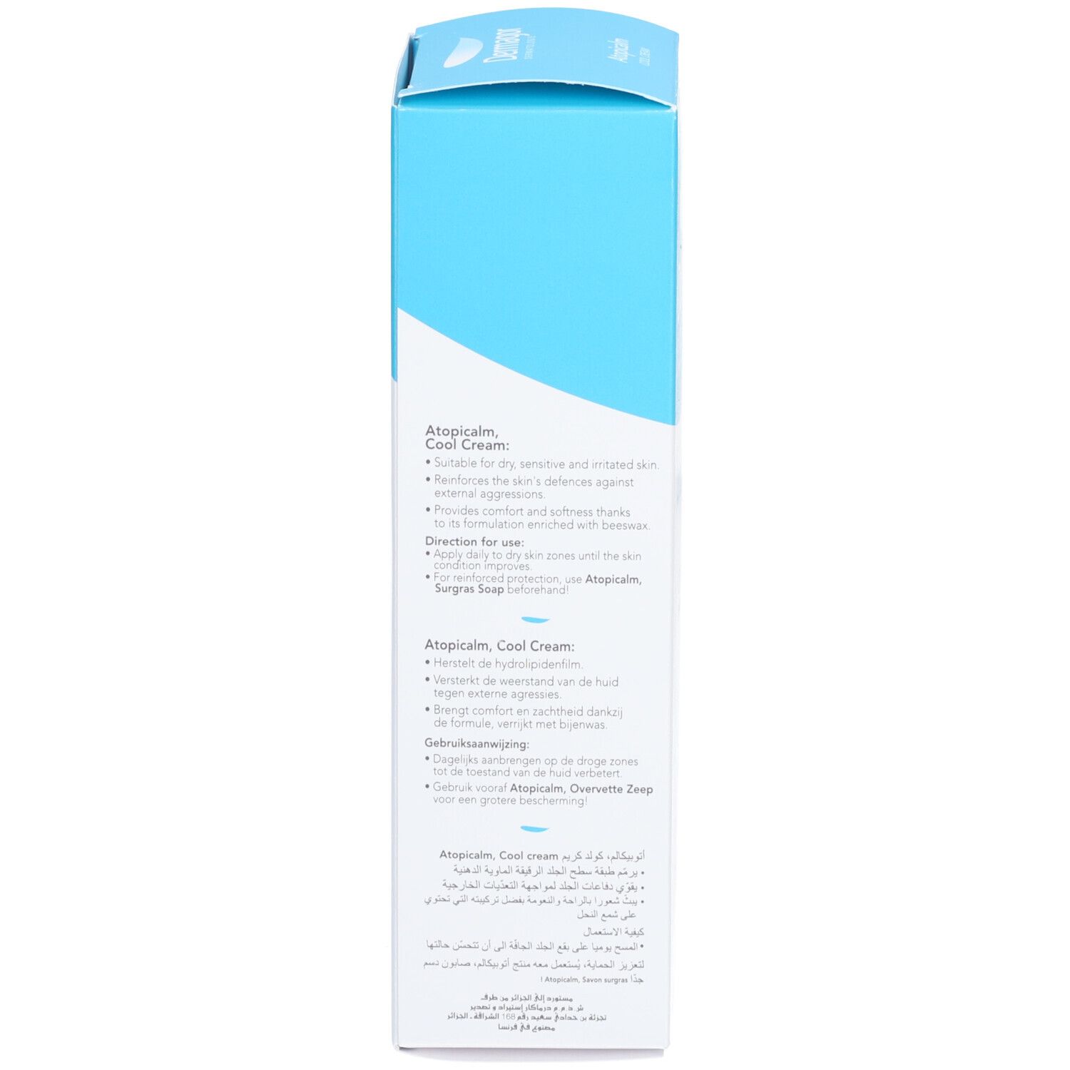 Côté de la boîte. Texte multilingue. Informations sur Atopicalm Cool Cream. Testé dermatologiquement.