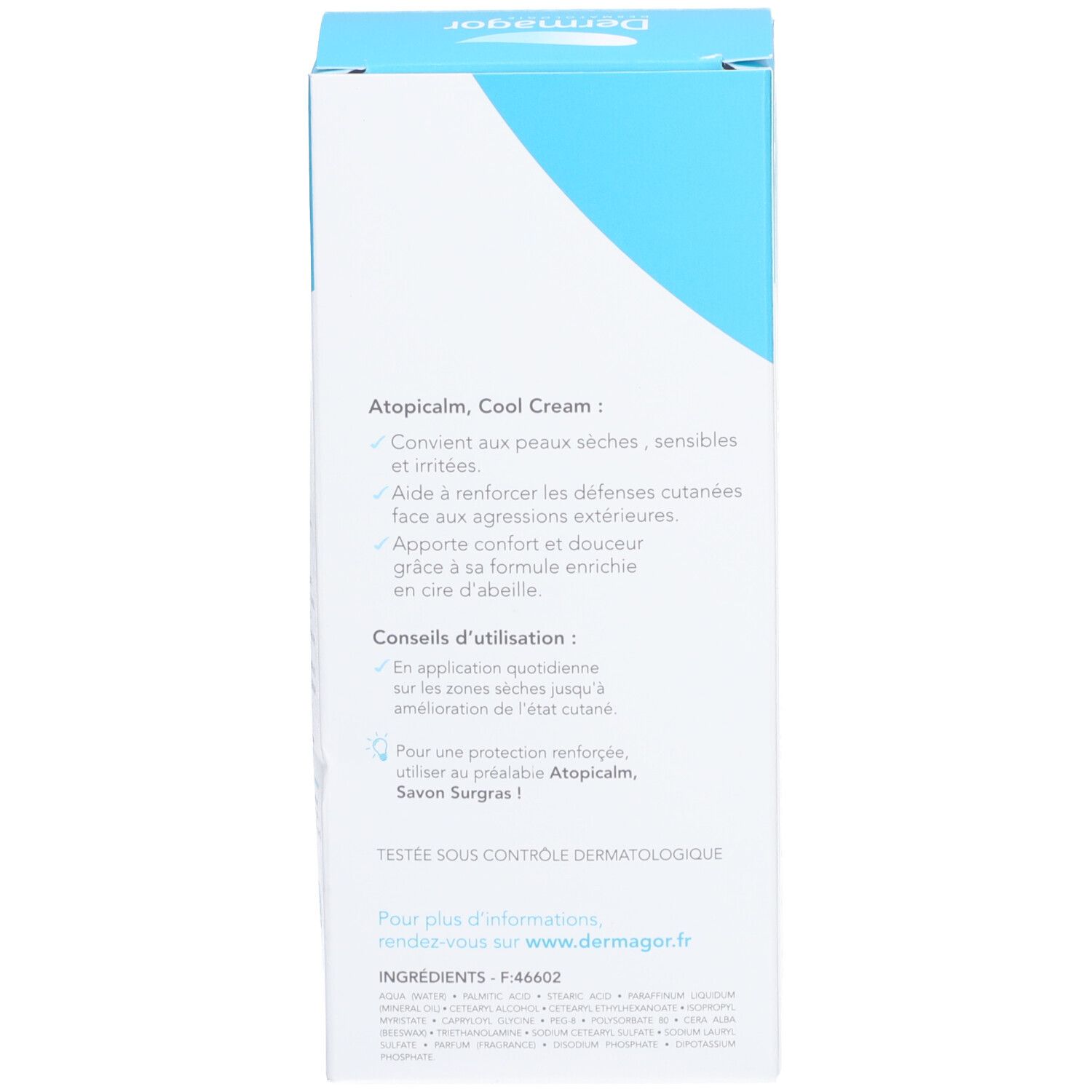 Côté de la boîte. Texte multilingue. Informations sur Atopicalm Cool Cream. Ingrédients. www.dermagor.fr.