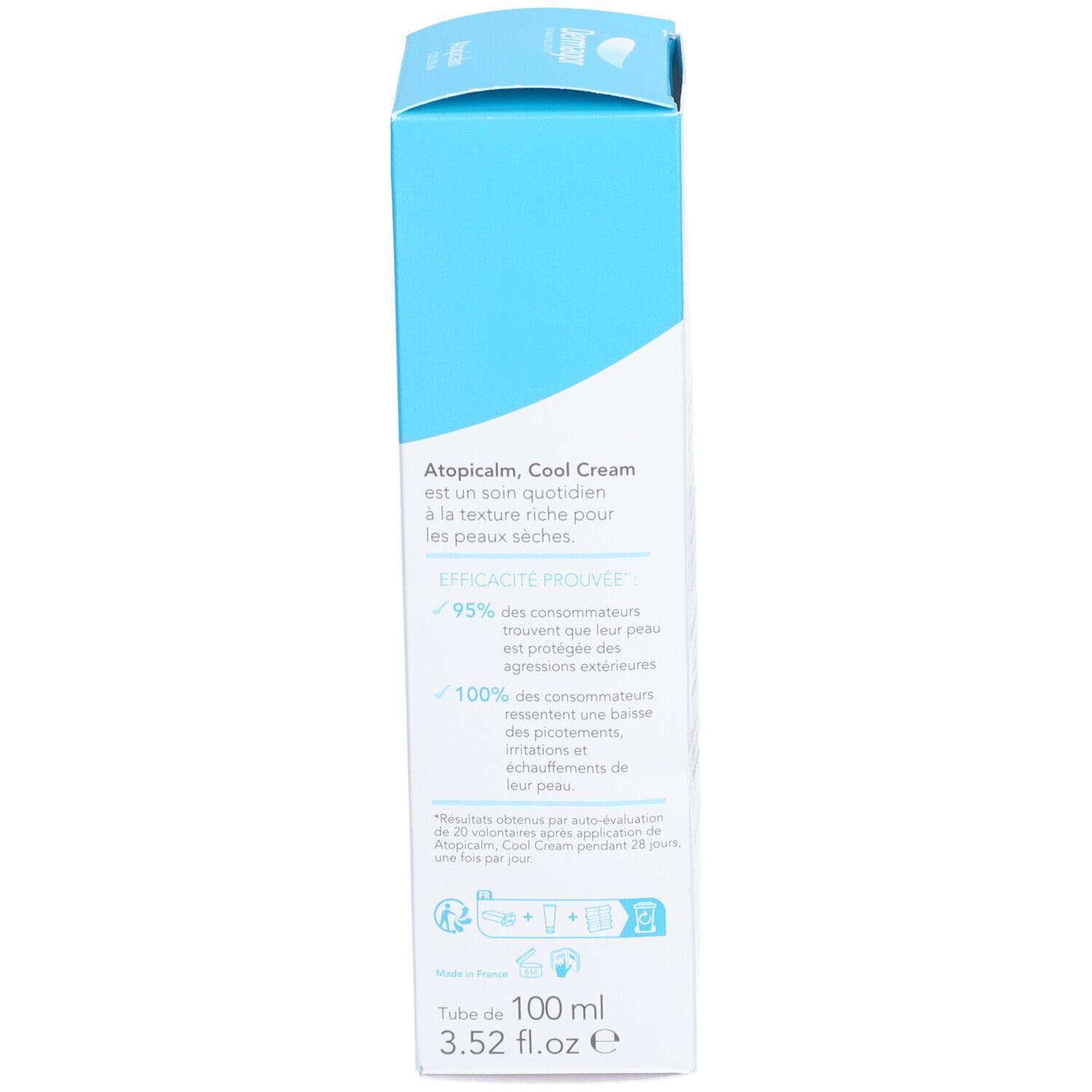 Côté de la boîte. Texte multilingue. Informations sur Atopicalm Cool Cream. 100 ml. 3.52 fl.oz.