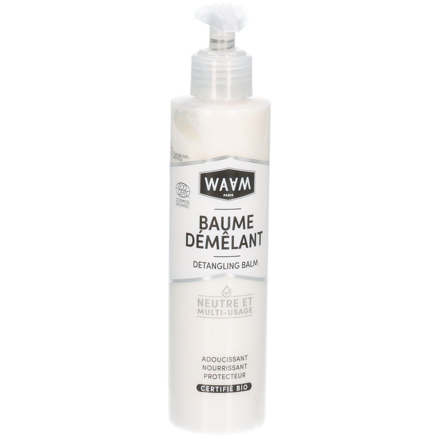 Bouteille Waam Baume Démêlant avec pompe, certifiée Bio.