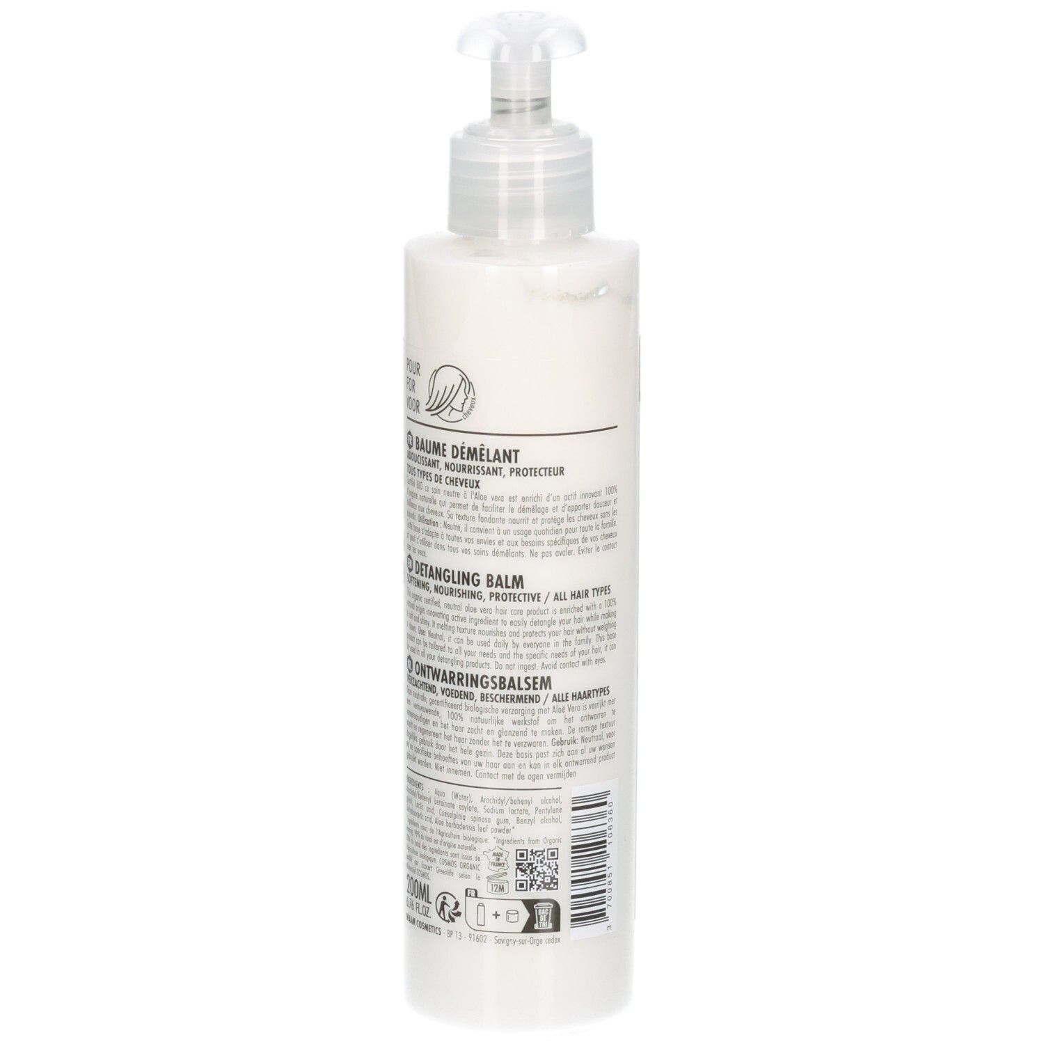 Vue arrière d'une bouteille Waam Baume Démêlant avec pompe et informations produit.