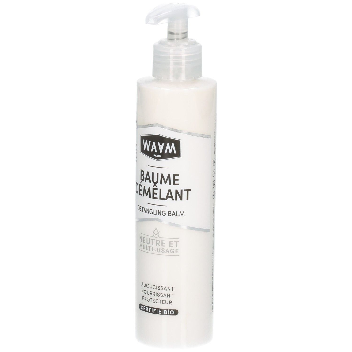 Bouteille Waam Baume Démêlant avec pompe, formule neutre et multi-usage.