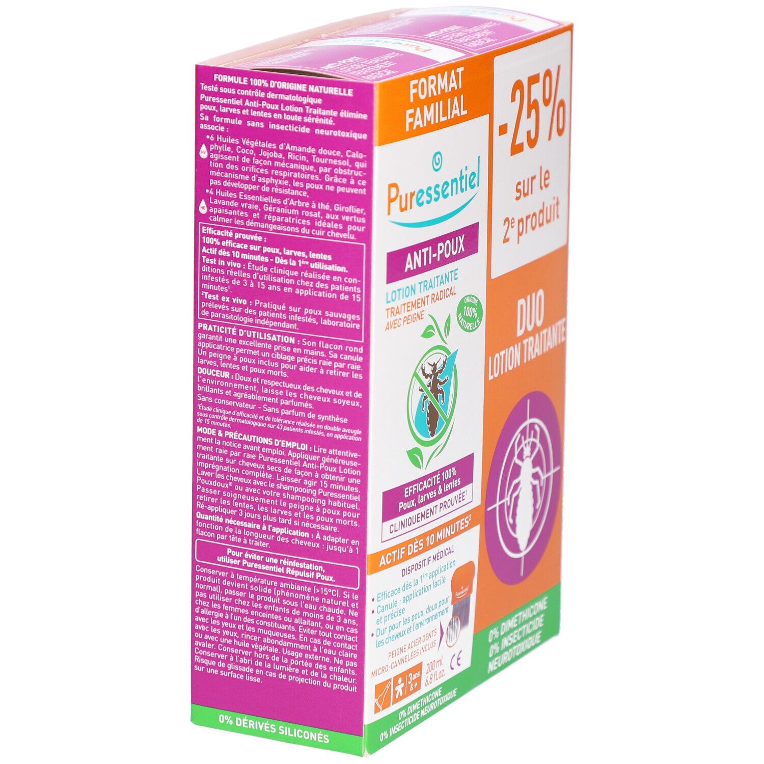 Boîte orange et blanche avec logo et texte: Anti-Poux, Duo Lotion Traitante, -25% sur le 2e produit. Vue latérale.