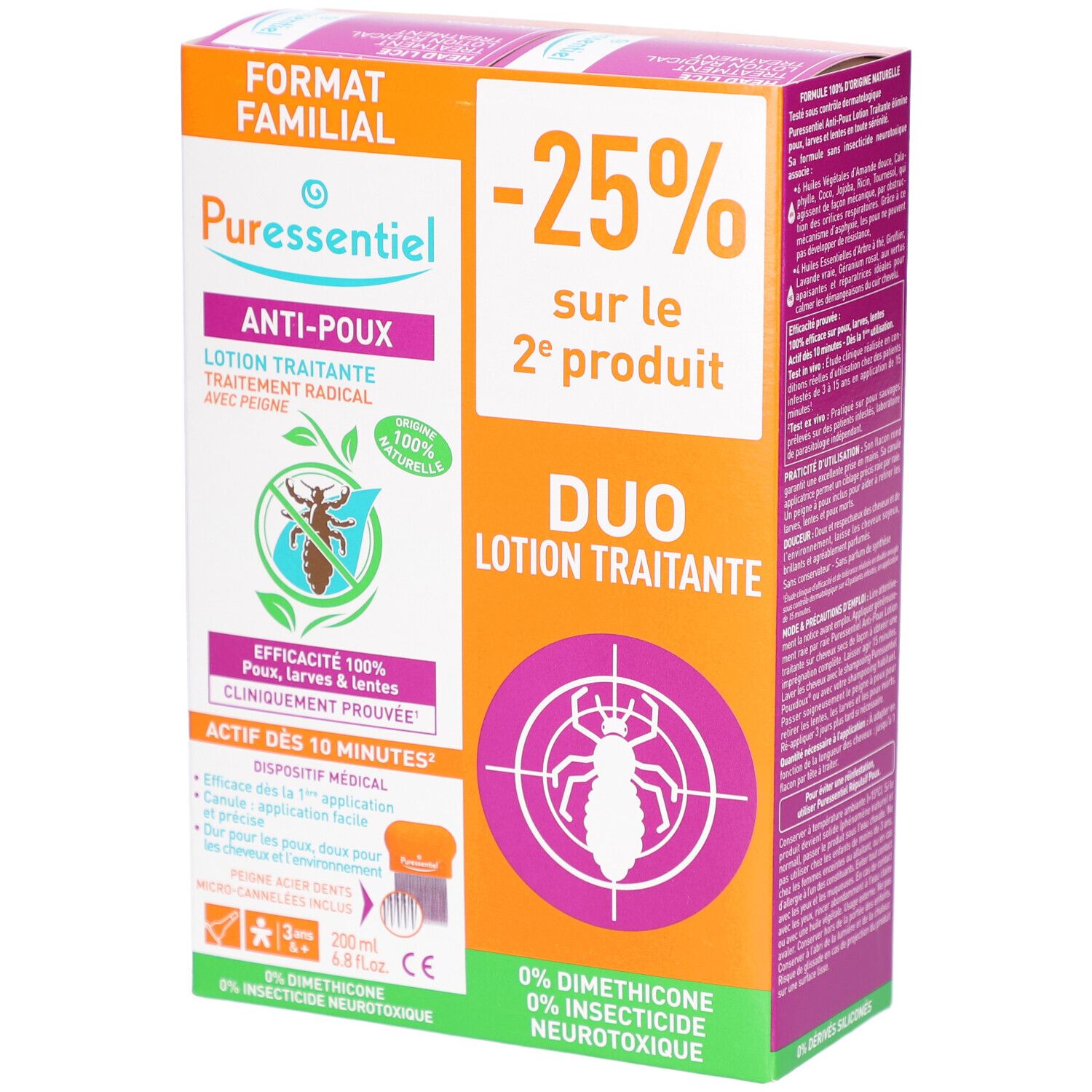 Boîte orange et blanche avec logo et texte: Anti-Poux, Duo Lotion Traitante, -25% sur le 2e produit. Vue de face.