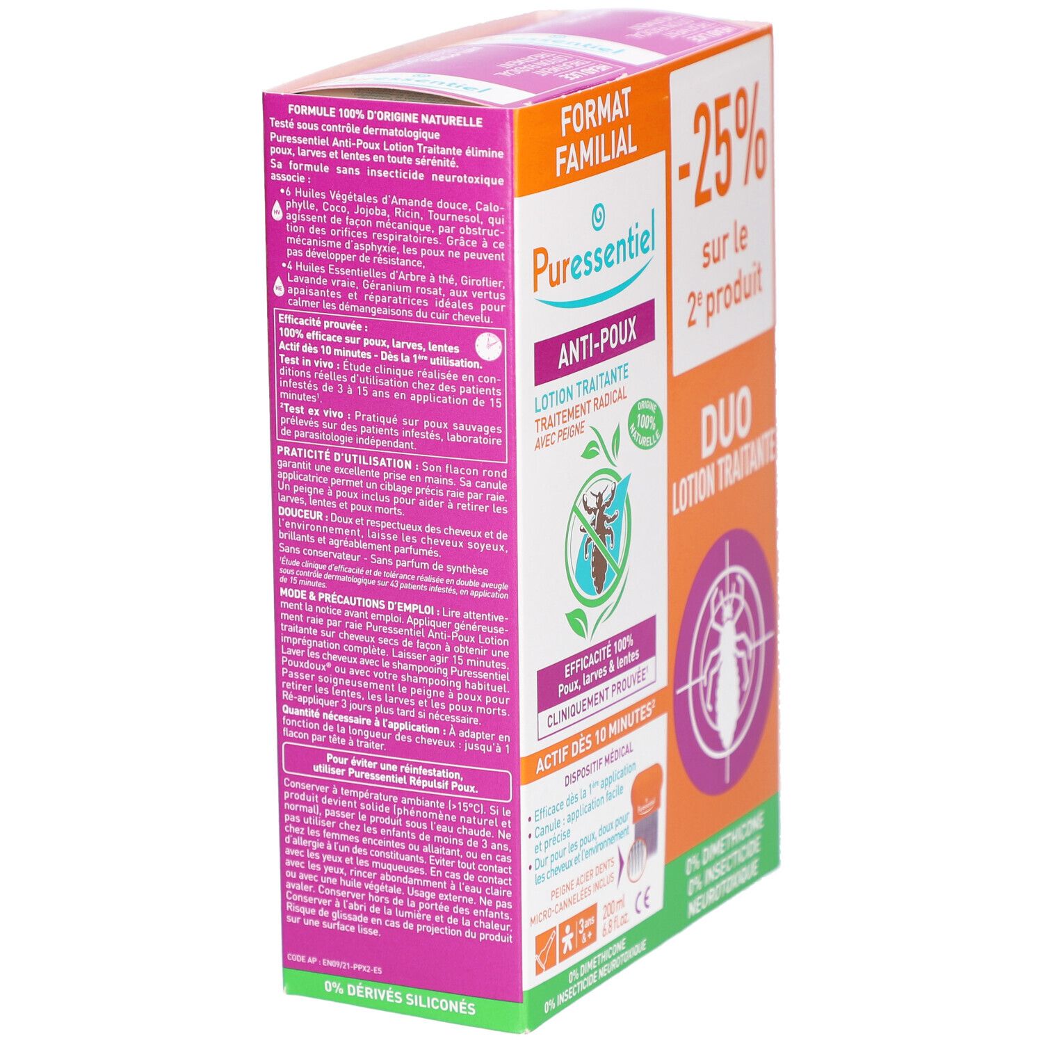 Boîte orange et blanche avec logo et texte: Anti-Poux, Duo Lotion Traitante, -25% sur le 2e produit. Vue latérale.