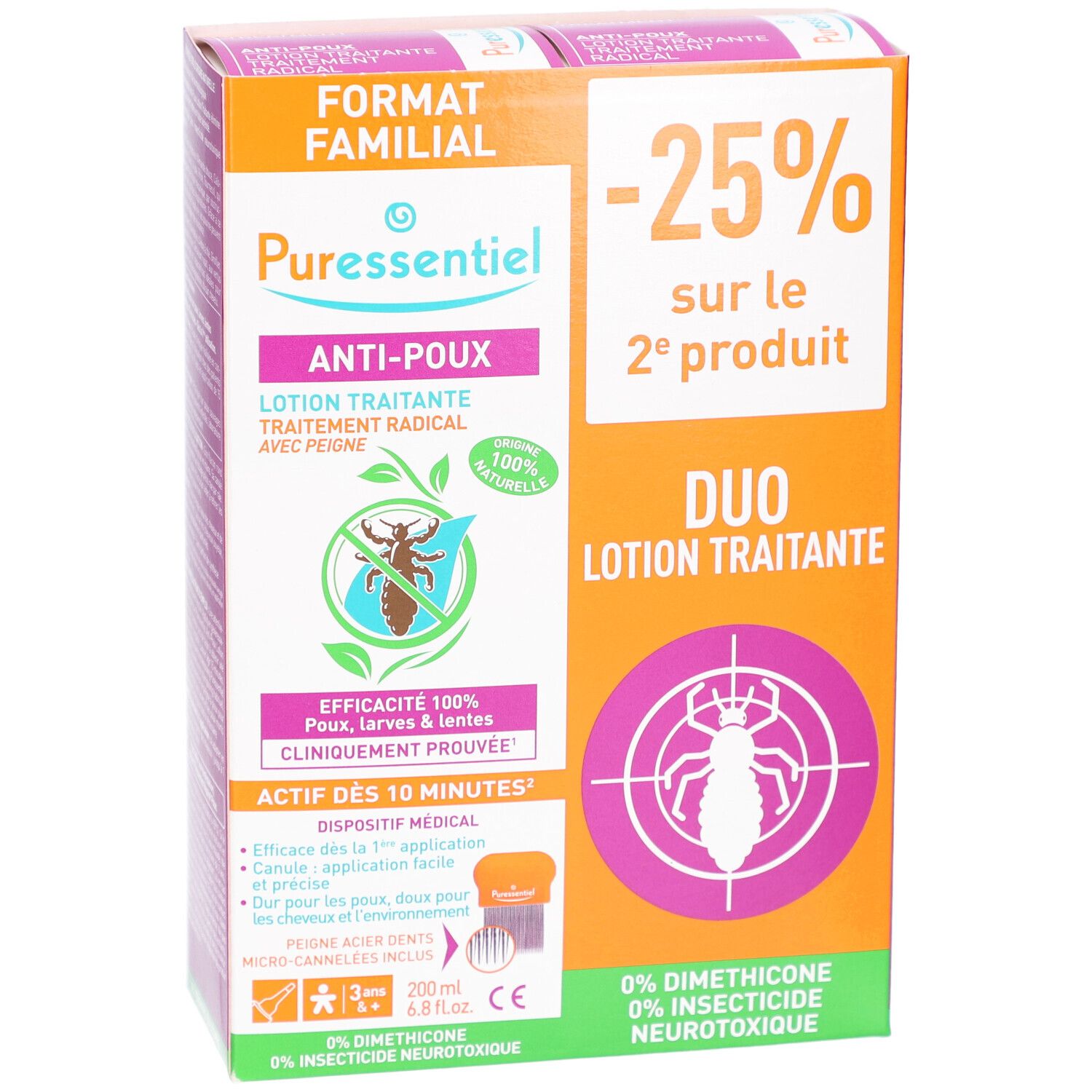Boîte orange et blanche avec logo et texte: Anti-Poux, Duo Lotion Traitante, -25% sur le 2e produit. Contient un peigne.