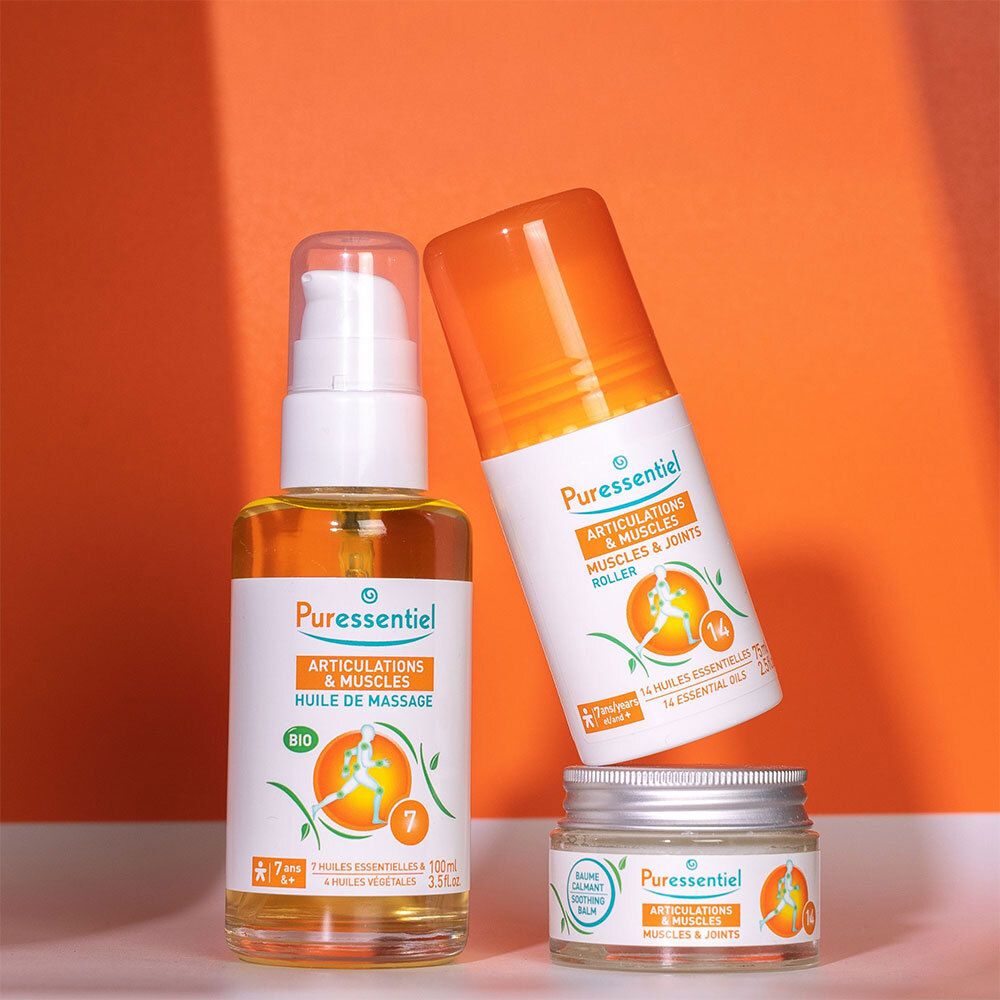 Trois produits. Inscription : Puressentiel, Articulations & Muscles, Baume calmant. 14 huiles essentielles. Huile de massage bio.