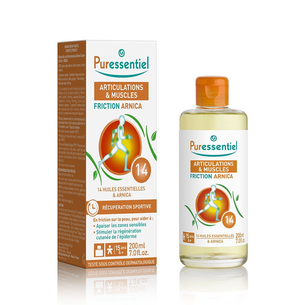 Flacon et boîte Puressentiel Friction Arnica. Inscription: Articulations & Muscles. Contient 14 huiles essentielles. 200ml.