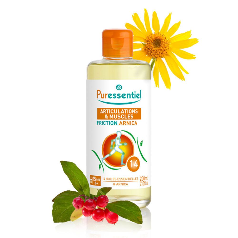 Flacon Puressentiel Friction Arnica. Inscription: Articulations & Muscles. Décoré d'une fleur jaune et de baies rouges. 200ml.