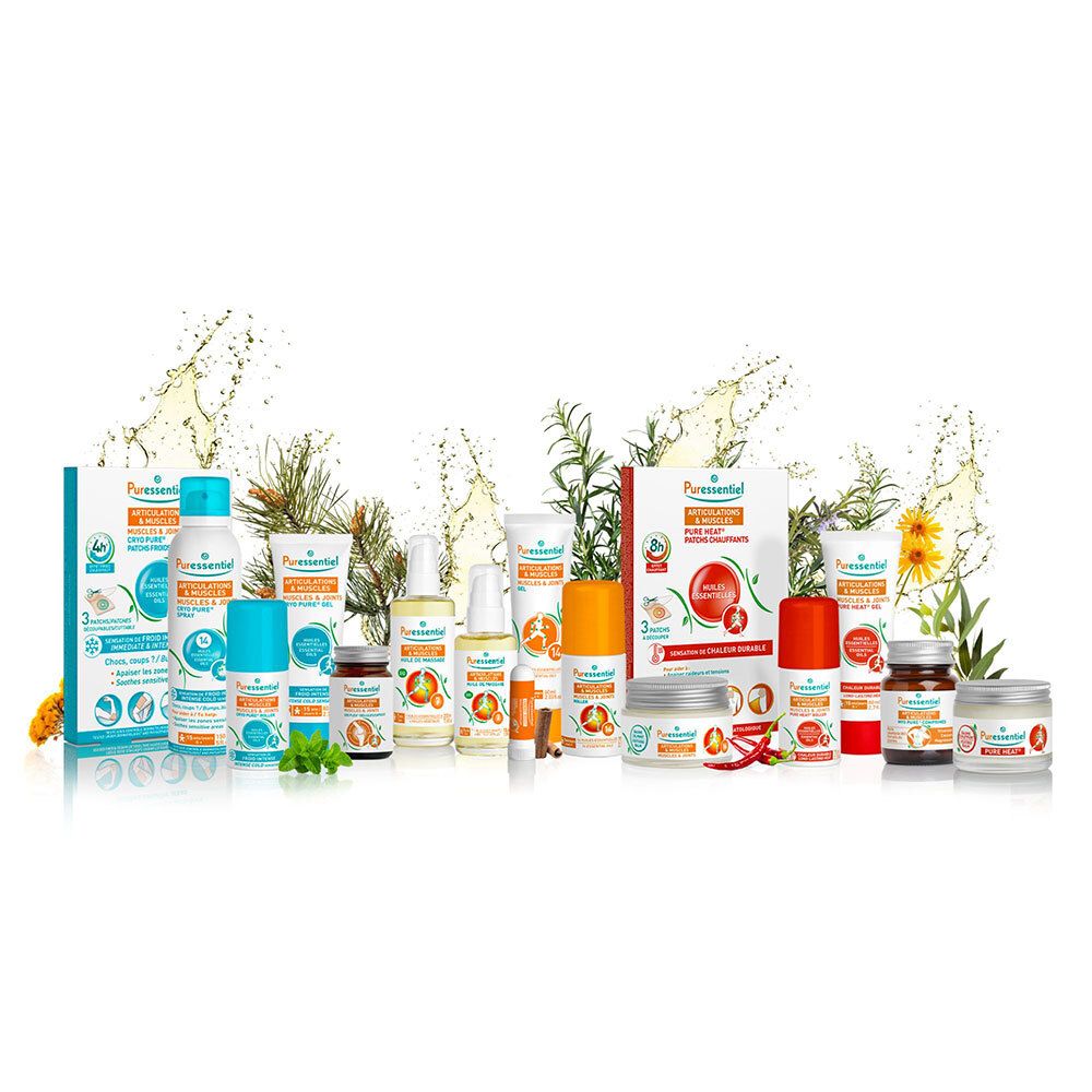 Plusieurs produits Puressentiel. Différentes formes et tailles. Inscription: Puressentiel. Design vert-blanc-orange.