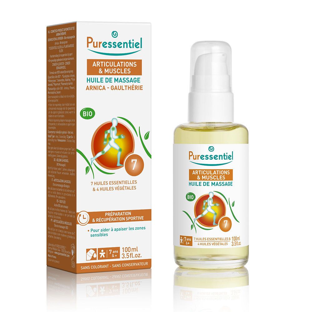 Puressentiel BIO Huile de massage articulations et muscles. Flacon et emballage. Inscription orange, logo vert, label BIO.