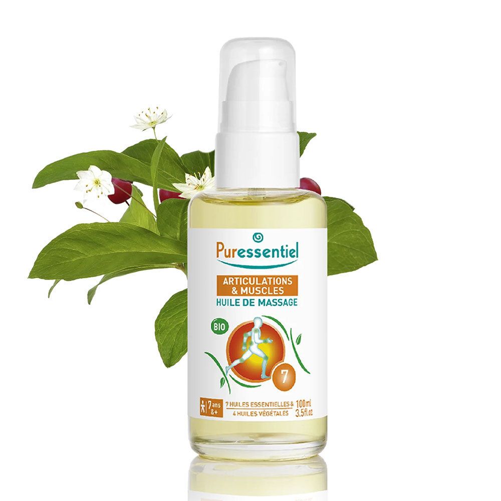 Puressentiel BIO Huile de massage articulations et muscles. Flacon avec plantes. Inscription orange, logo vert, label BIO.