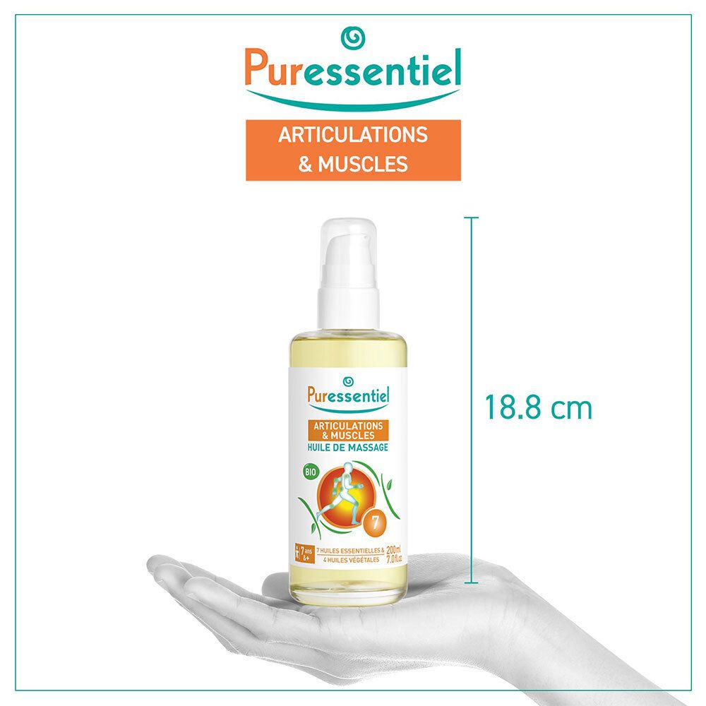 Puressentiel BIO Huile de massage Articulations & Muscles, flacon 100ml, hauteur 18.8 cm.