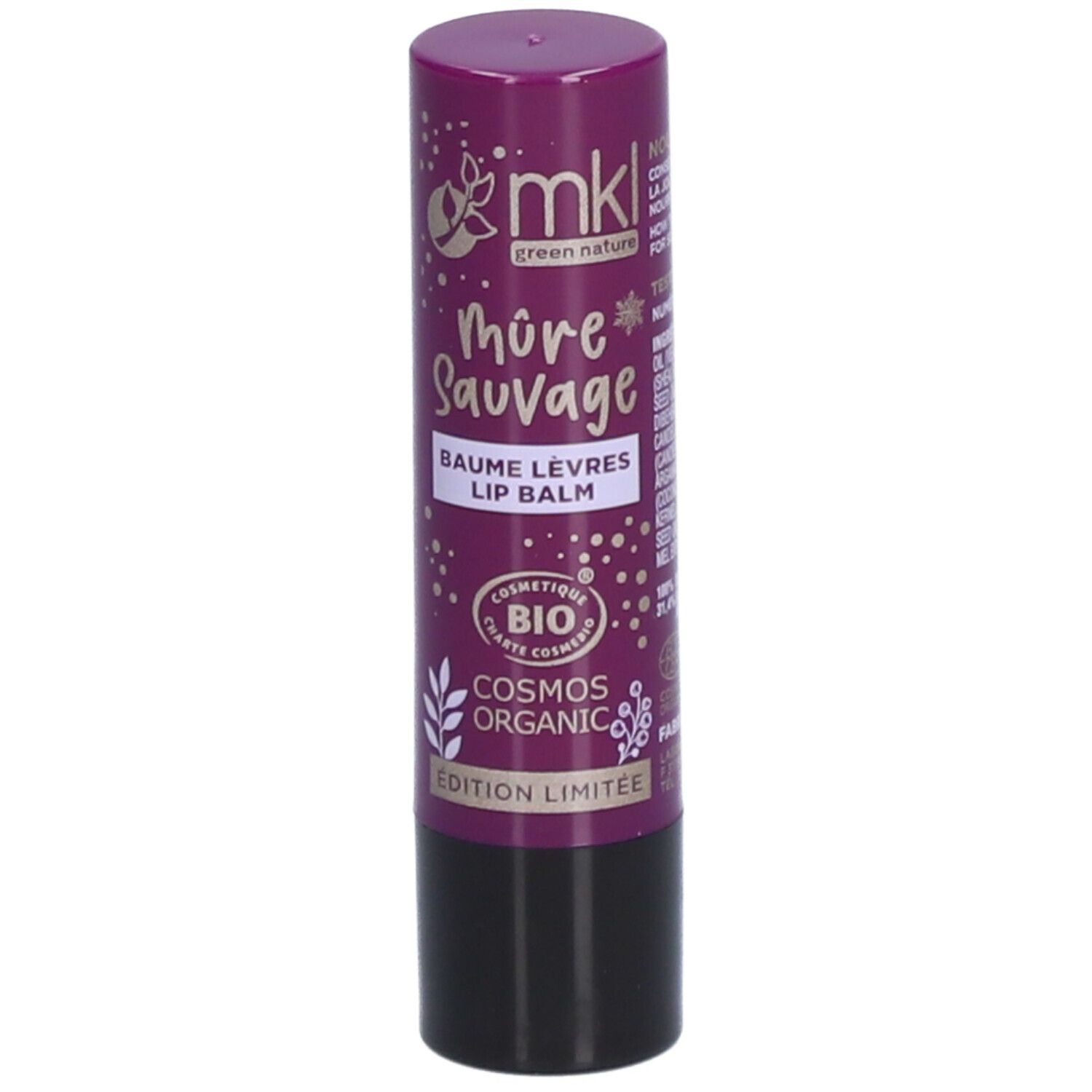 Bâton de baume à lèvres, violet et noir. Inscription: Mûre Sauvage, Baume Lèvres, Lip Balm. Certification bio.